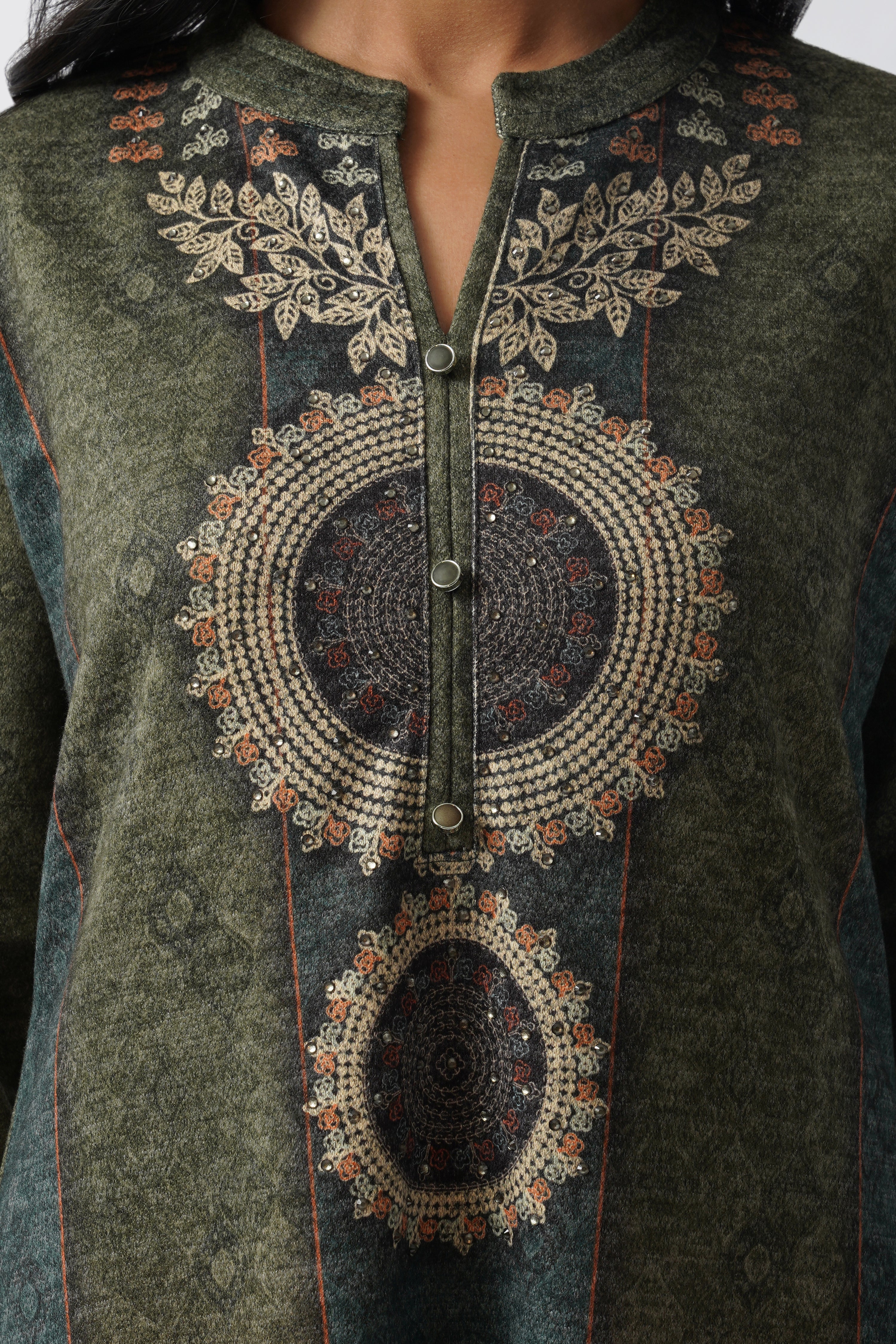 Green Woolen Handcrafted Printed Kurta Set