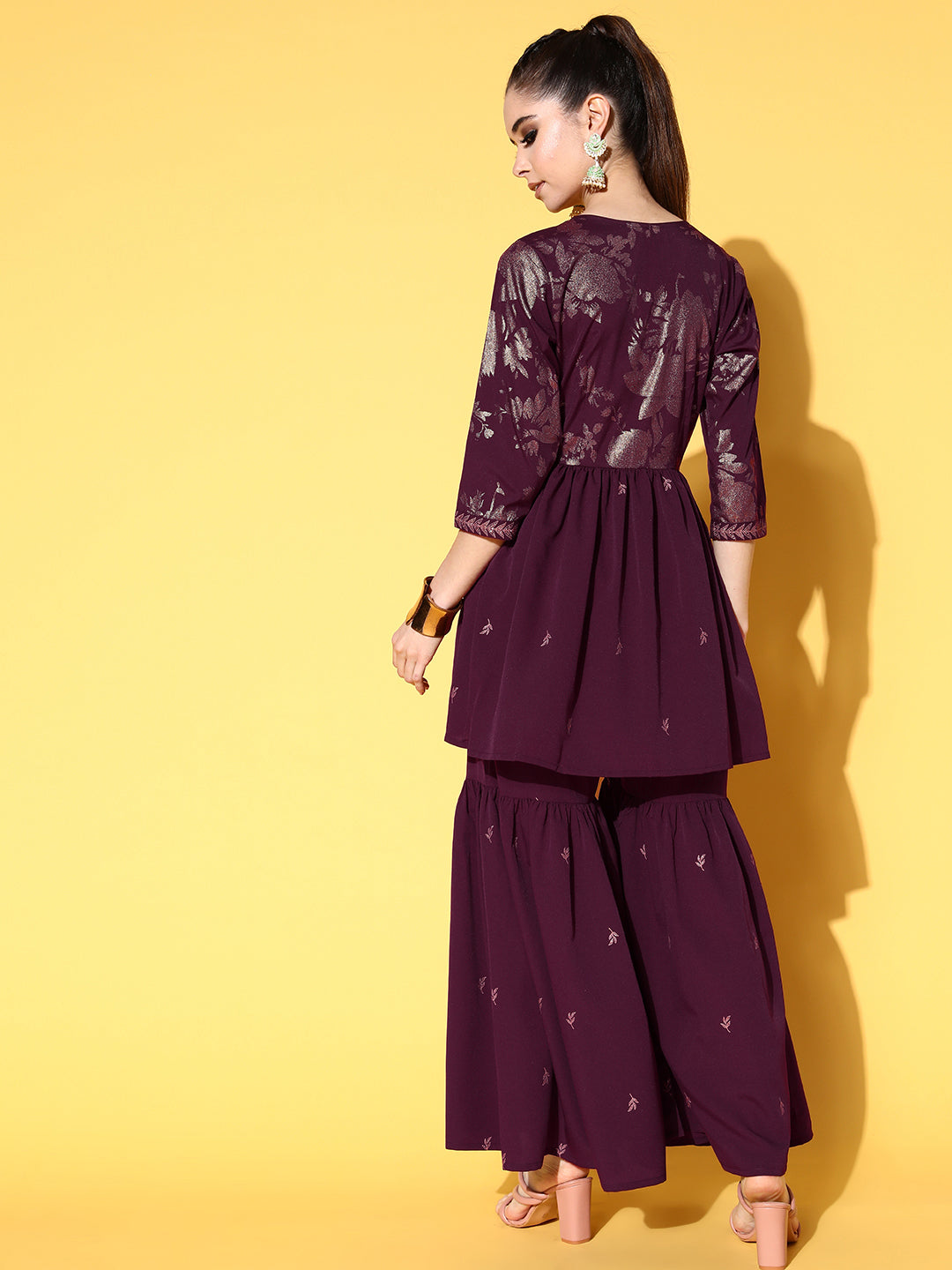 Women's Burgundy Floral Printed Sharara Set