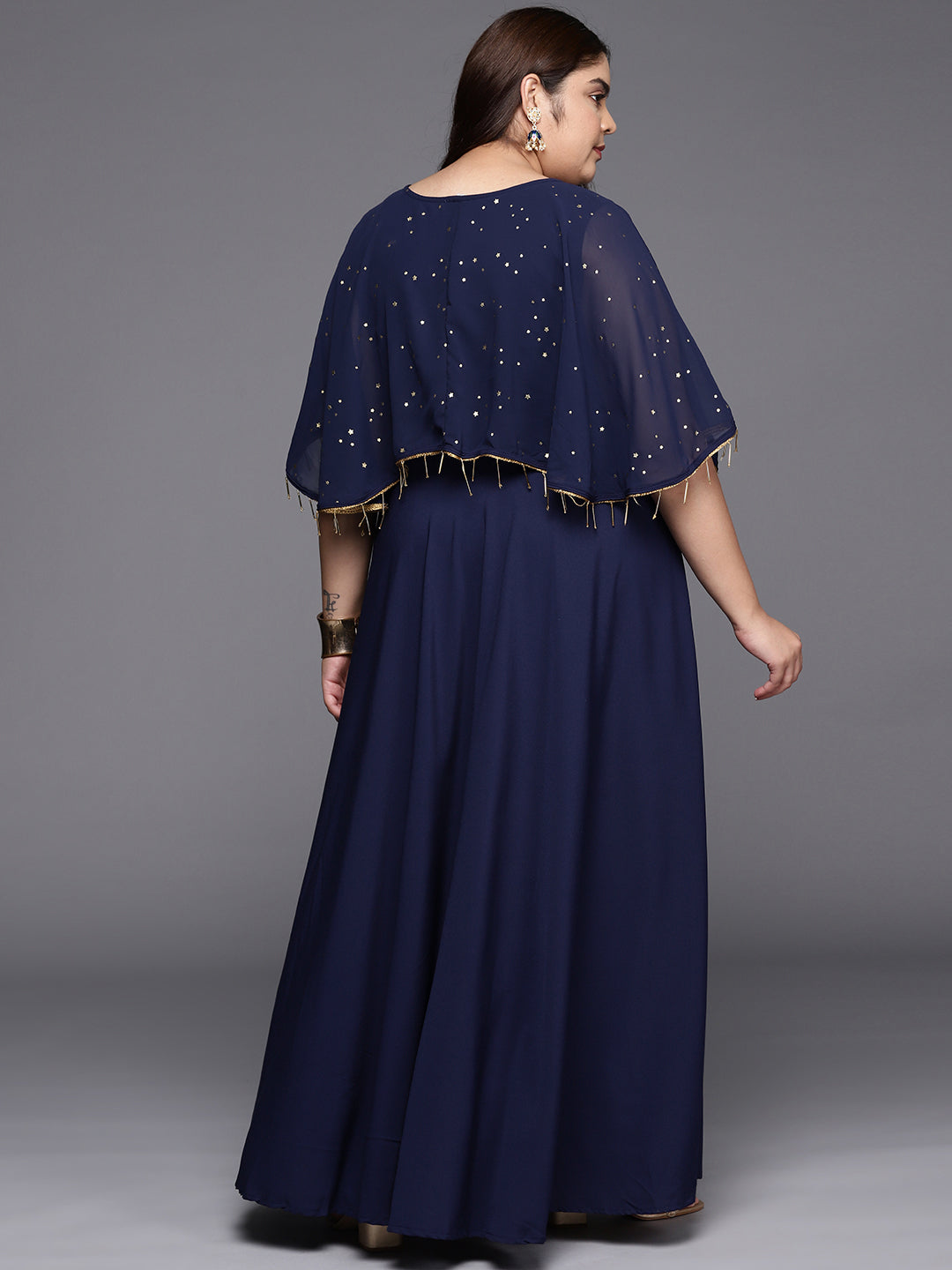 Navy Blue Plus Size Round neck Maxi Ethnic Dress-AH