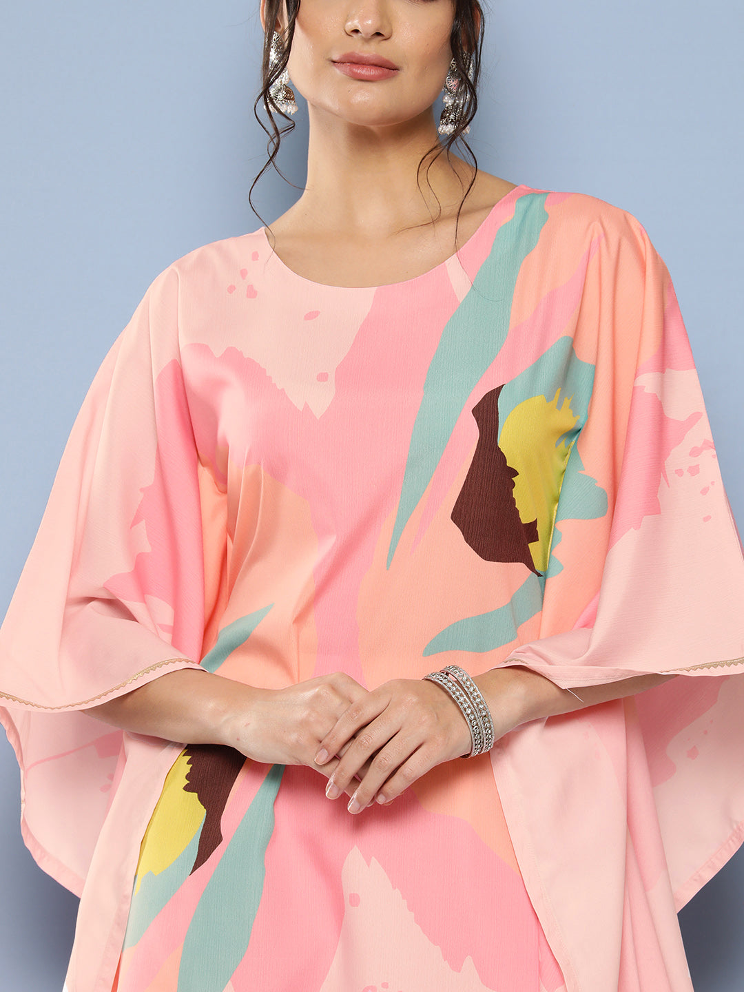 Pink Printed Gotta Patti Kaftan Kurta with Palazzos