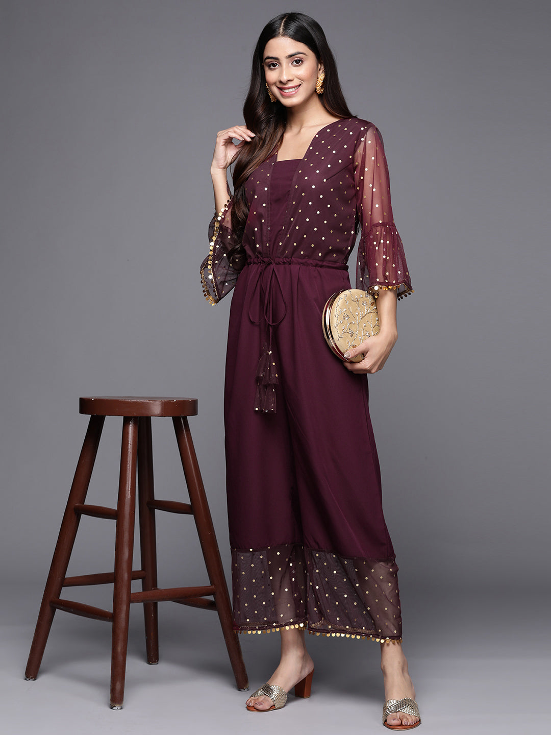 Burgundy Polka Dots Printed Jumpsuit With Waist Tie-Ups