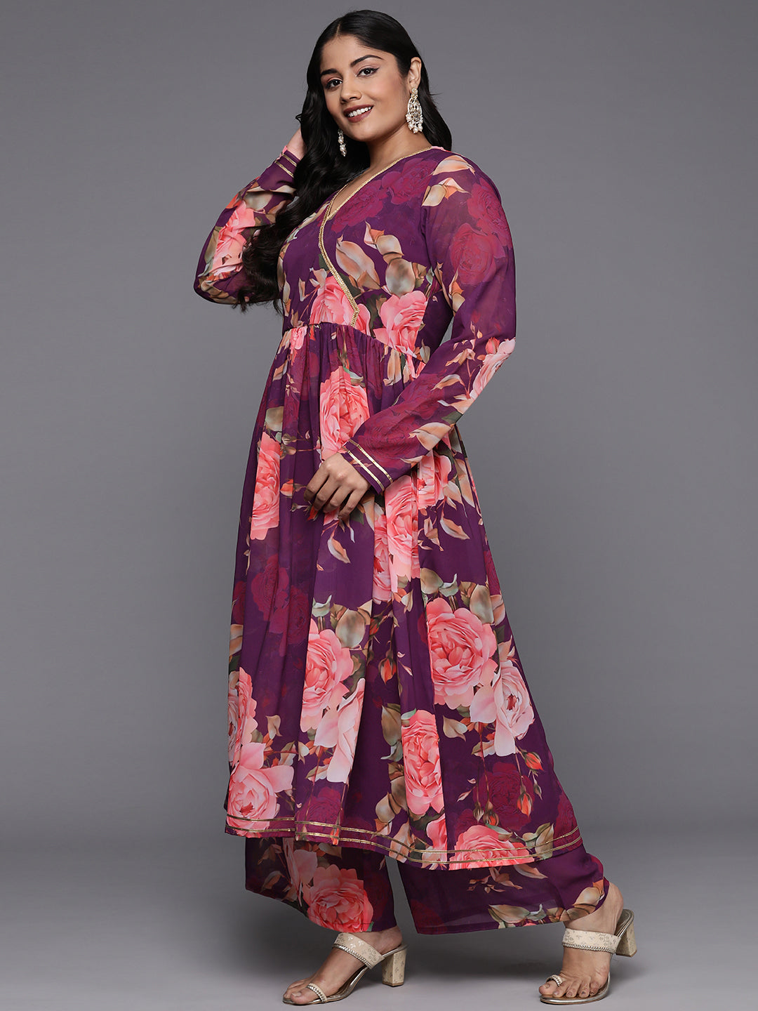 Plus Size Floral Printed Angrakha Zari Kurta with Palazzos