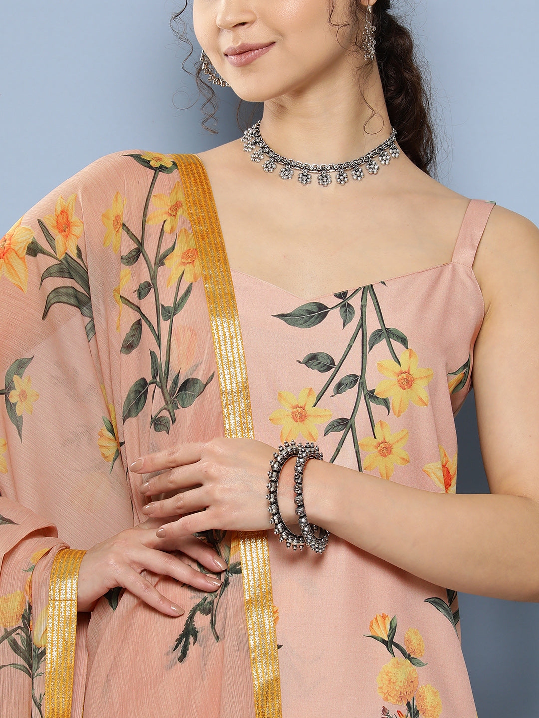 Nude-Coloured Floral Printed Gotta Patti Kurta with Trousers & With Dupatta