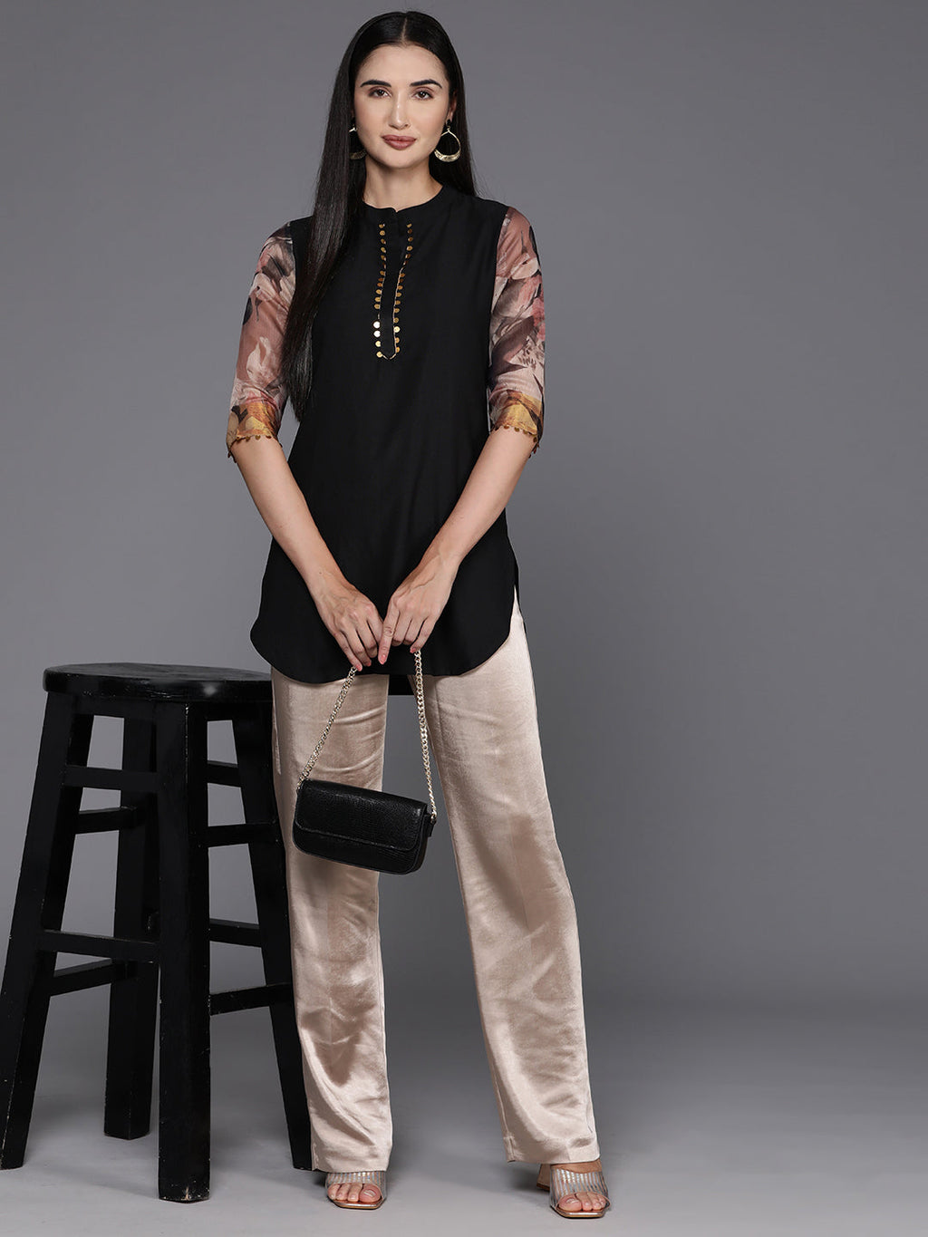 Black & Brown Printed Sequined Tunic-AH