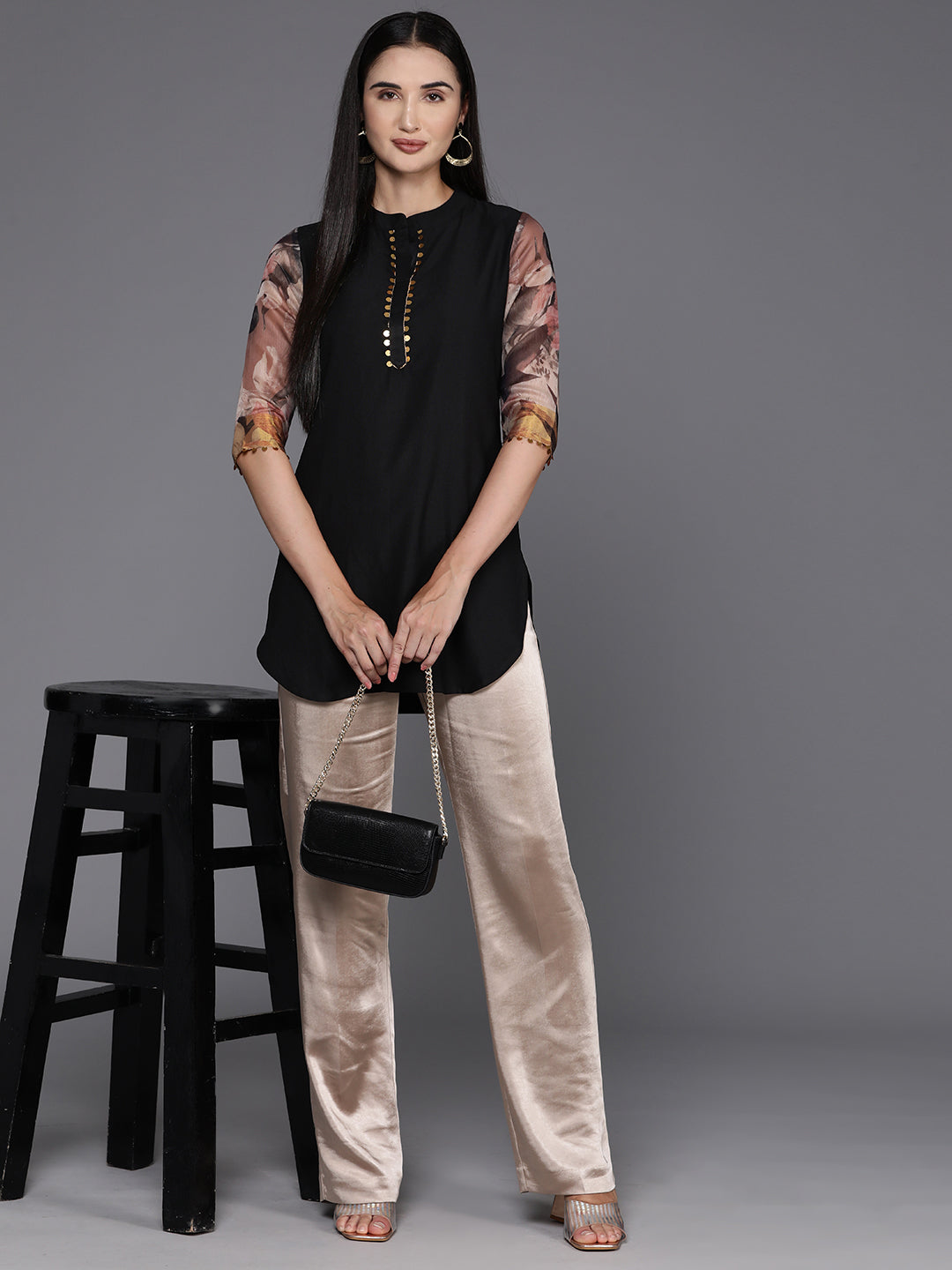 Black & Brown Printed Sequined Tunic-AH