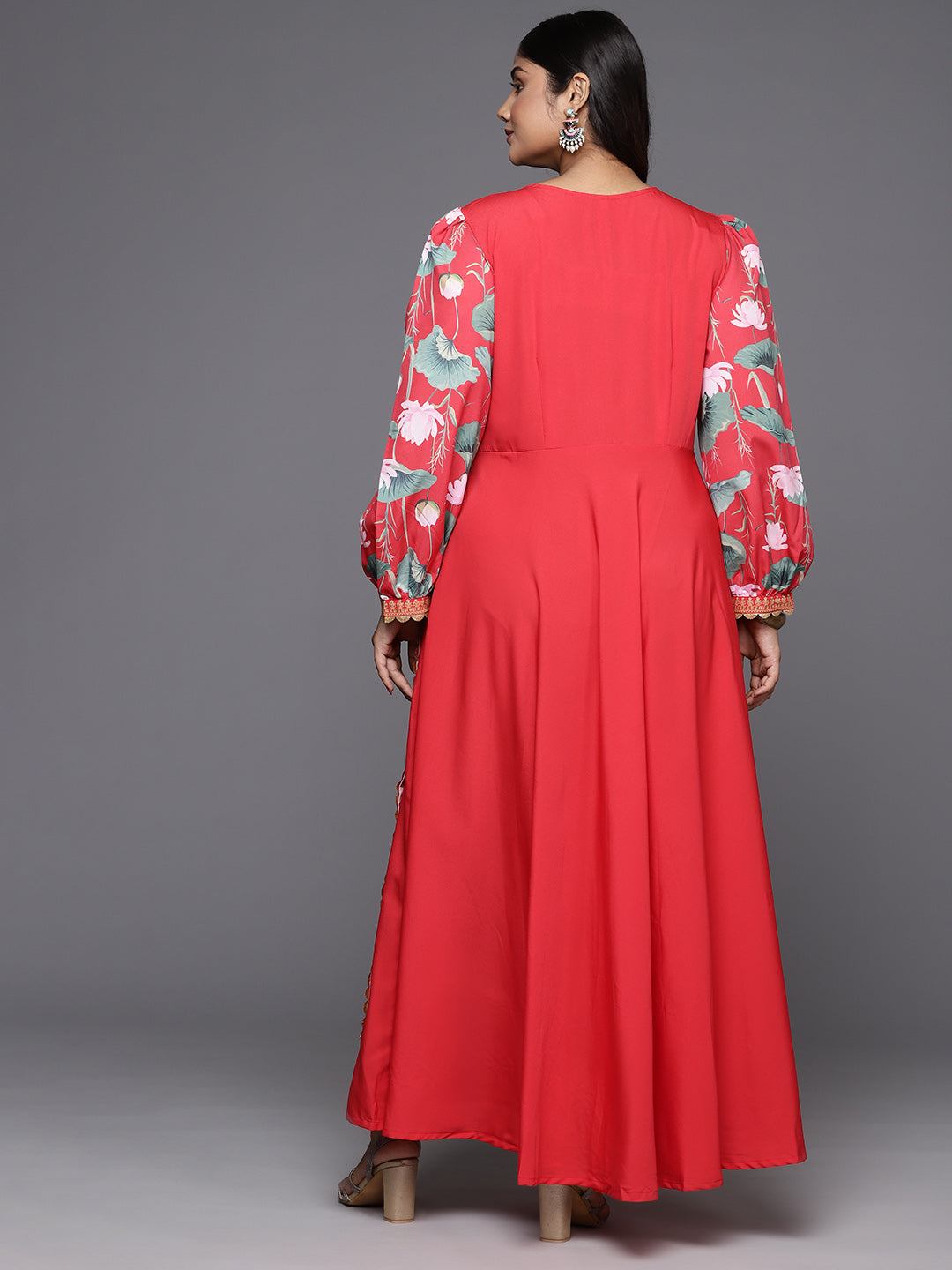 Red Plus Size Floral Printed Layered A-Line Maxi Dress