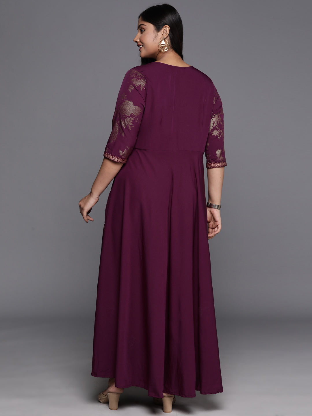 Burgundy & Gold Plus Size Floral Print A-line Maxi Ethnic Dress