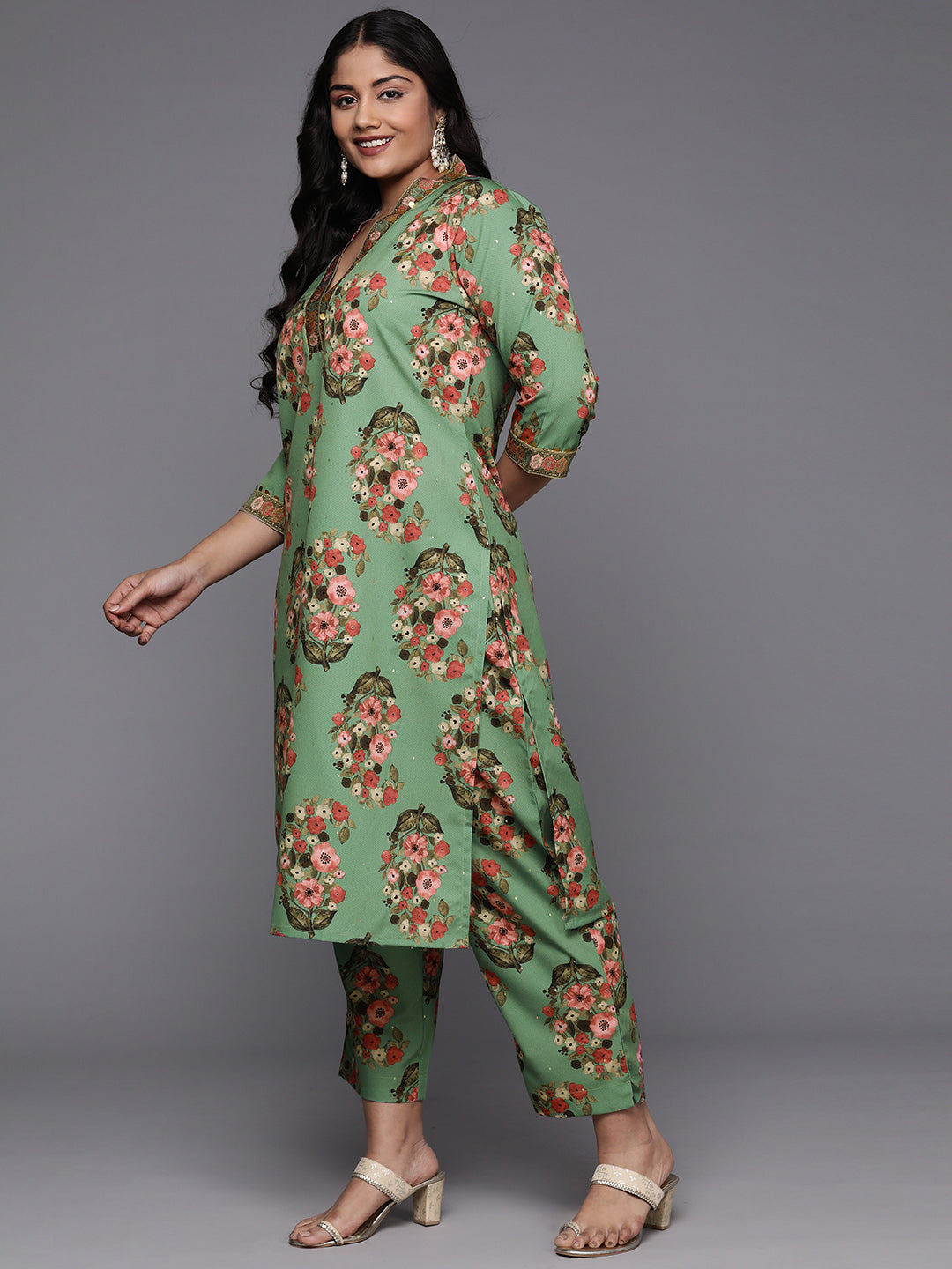 Plus Size Floral Printed Sequinned Kurta with Palazzos-AH