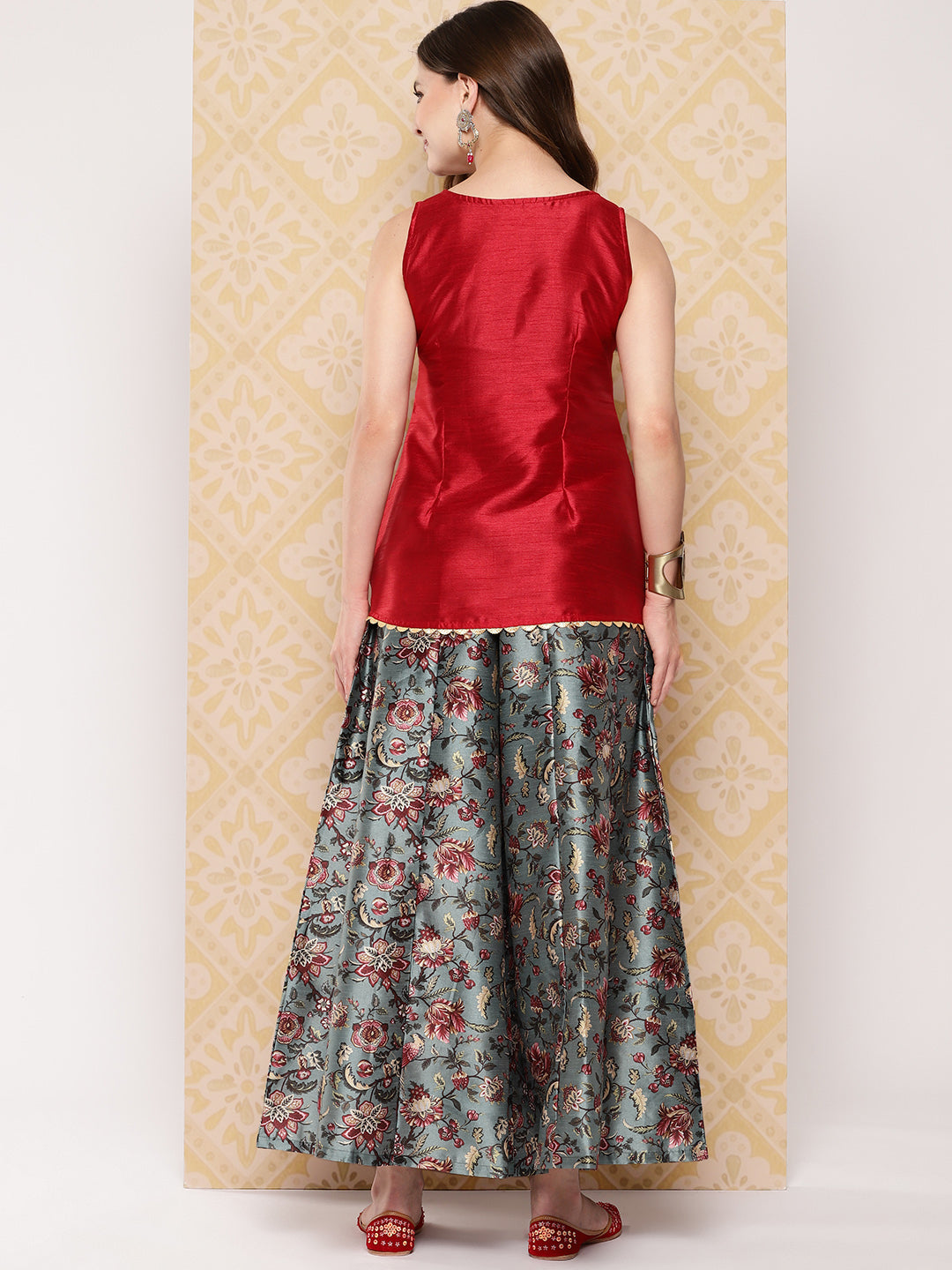 Red & Green Printed Ethnic Embellished Top with Palazzos-AH
