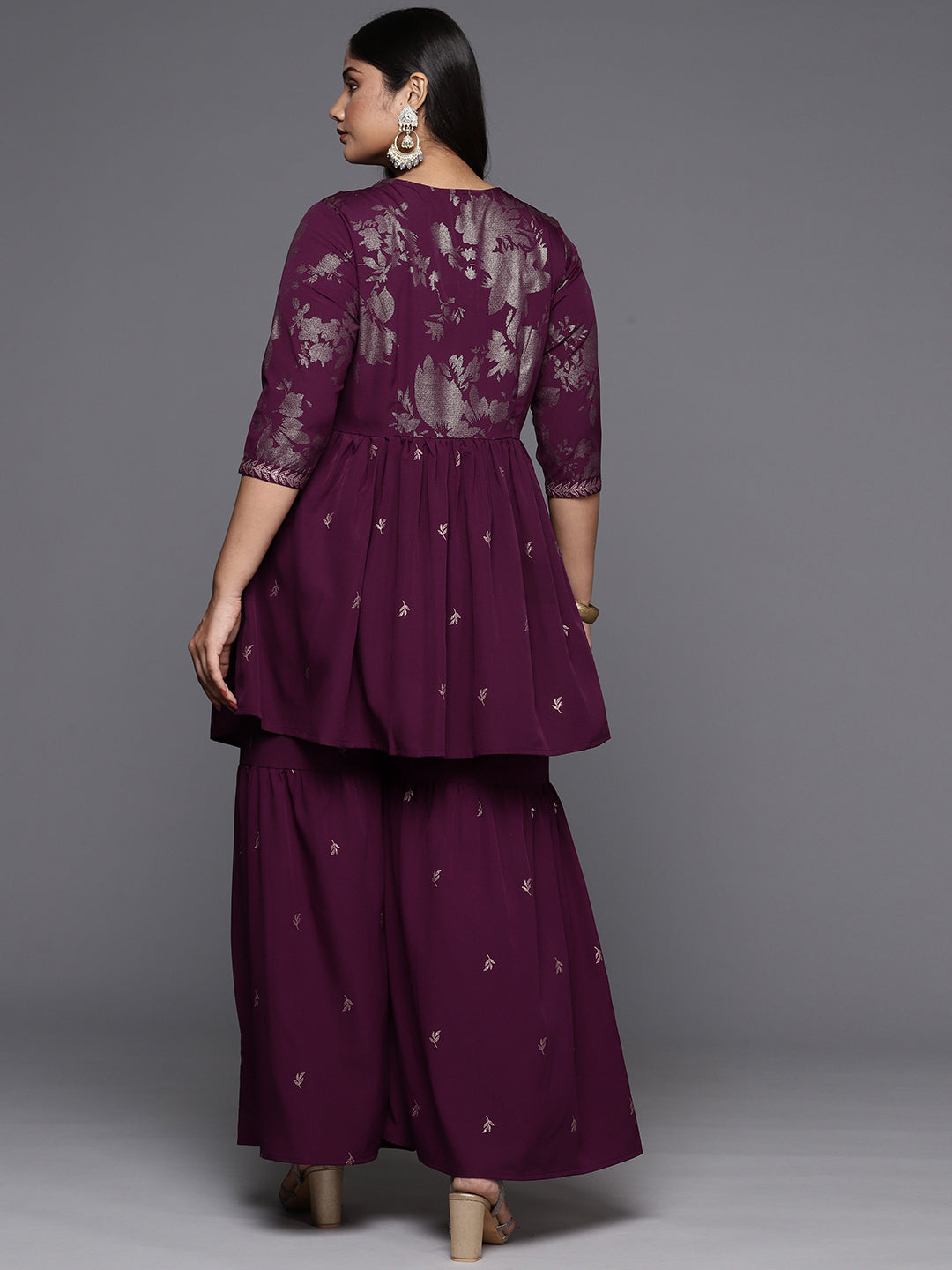 Burgundy & Gold Floral Printed Plus Size Sharara Set