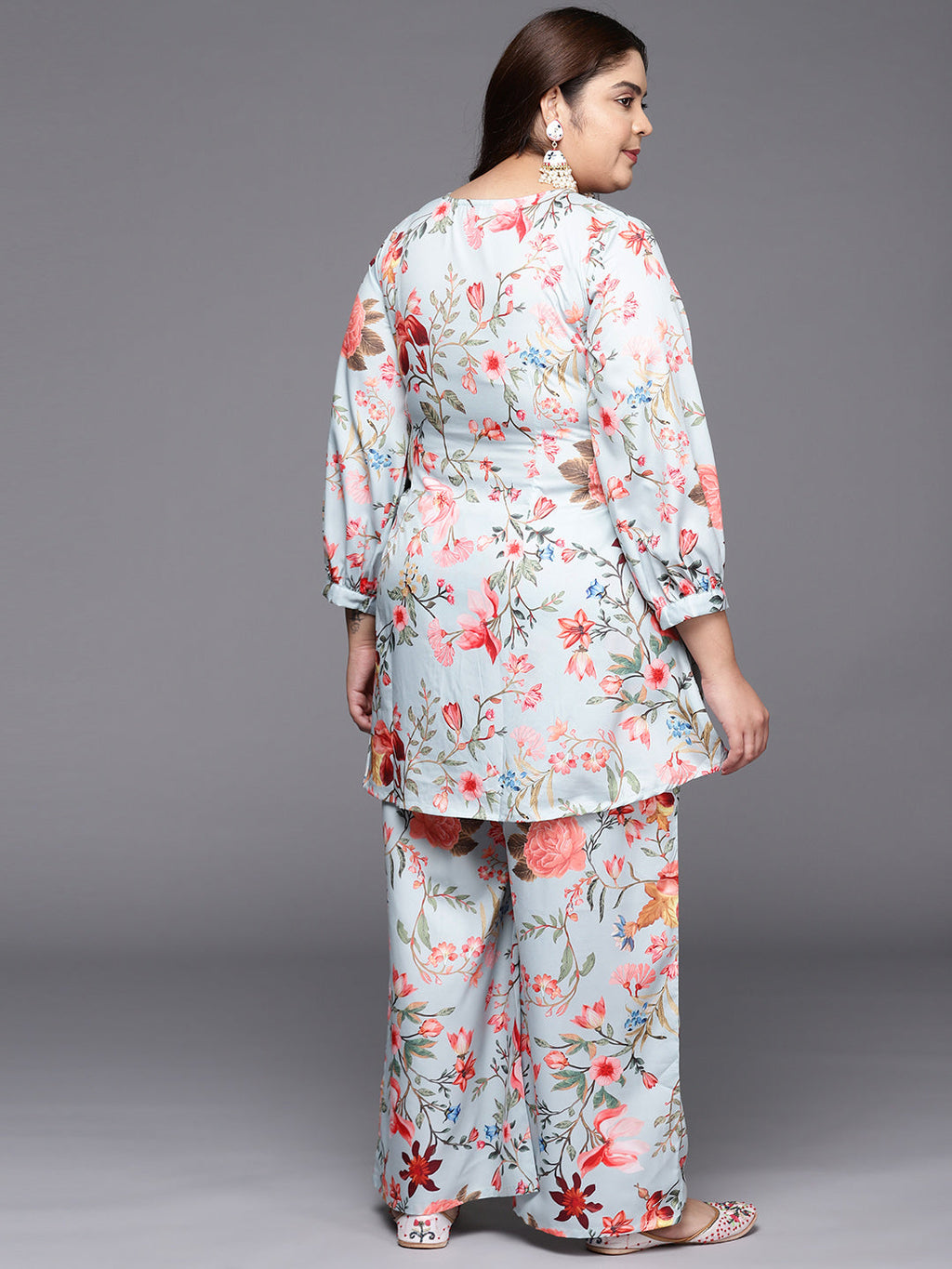 Grey & Pink Floral Printed Plus Size Tunic with Palazzos-AH