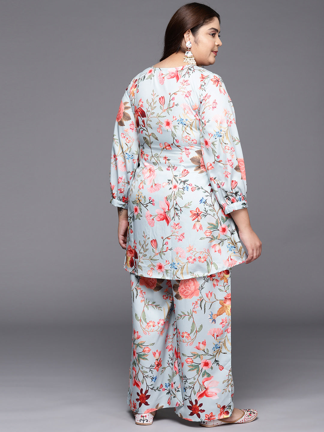 Grey & Pink Floral Printed Plus Size Tunic with Palazzos-AH