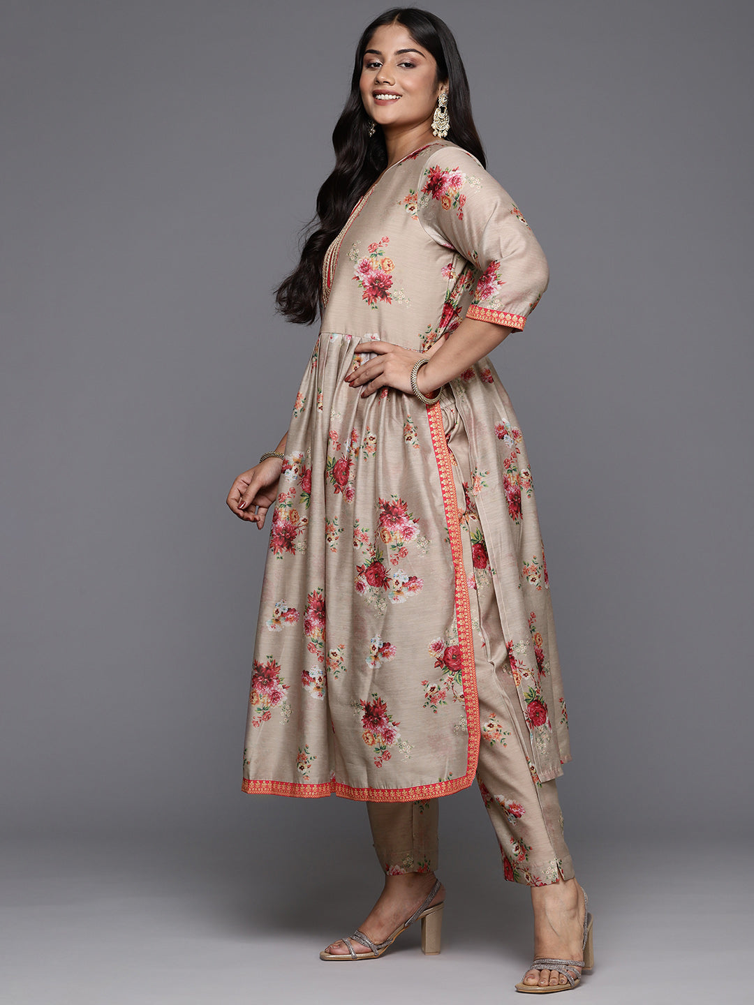 Tan Floral Printed Plus Size Kurta with Trousers