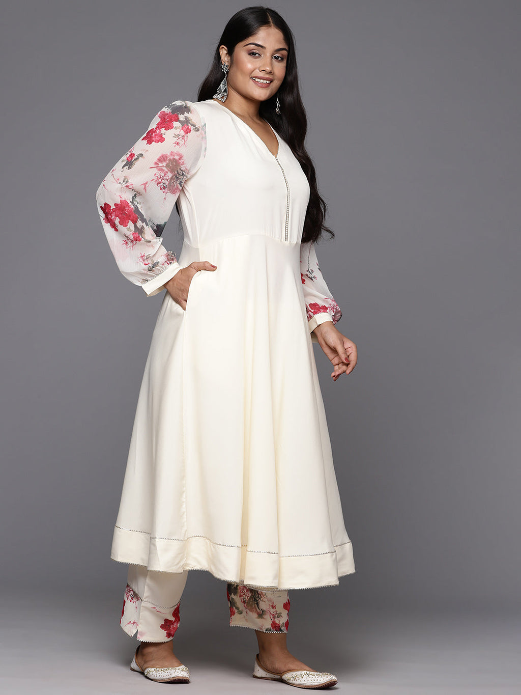 Off White Plus Size Gotta Patti Kurta with Trousers & With Printed Dupatta-AH