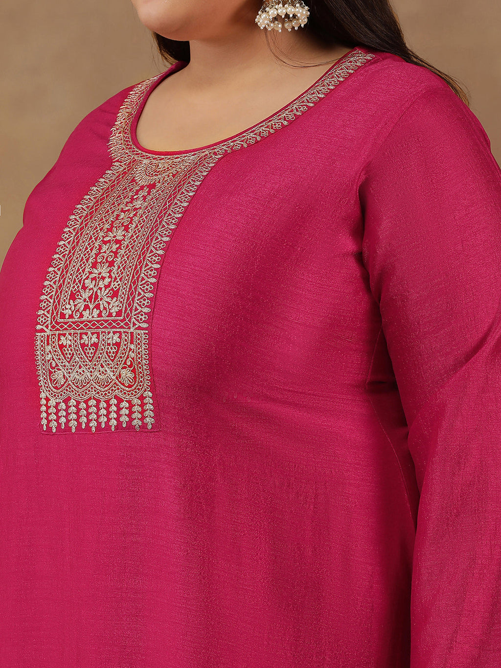 Plus Size Ethnic Motifs Embroidered Thread Work Kurta Trousers & With Dupatta - ID