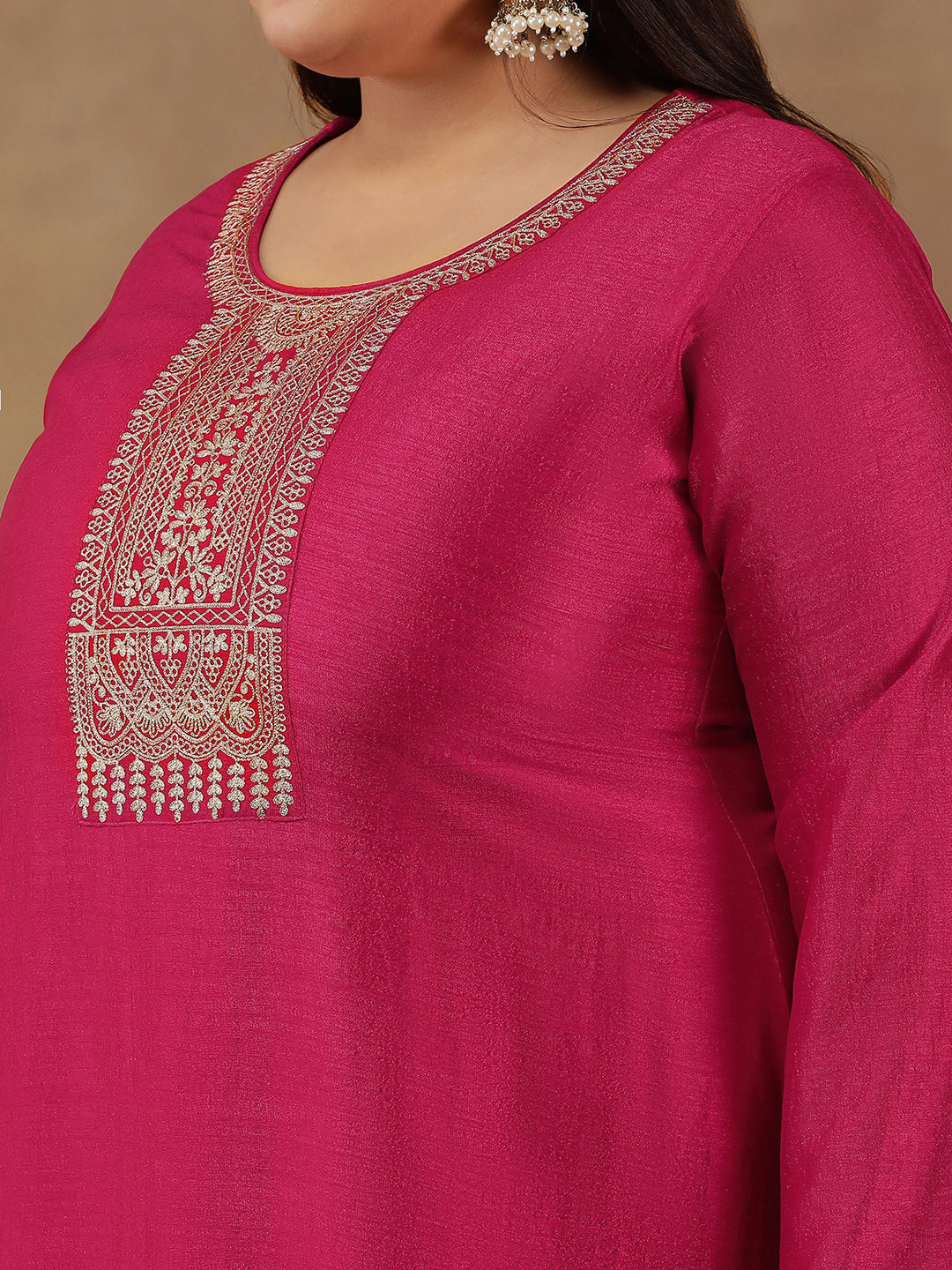 Plus Size Ethnic Motifs Embroidered Thread Work Kurta Trousers & With Dupatta - ID