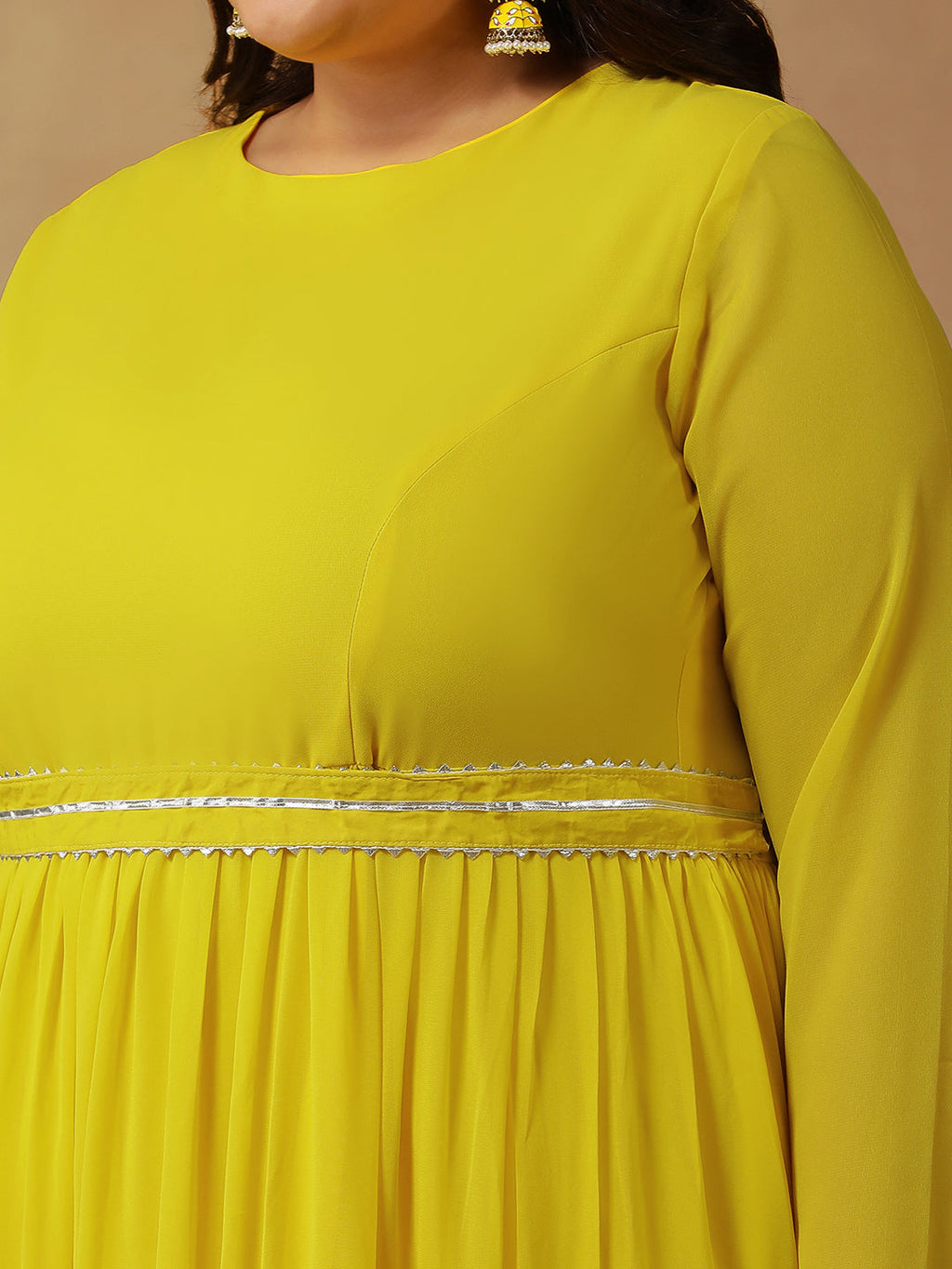 Plus Size Round Neck Georgette Zari Tiered Anarkali Kurta With Dupatta & Belt - ID