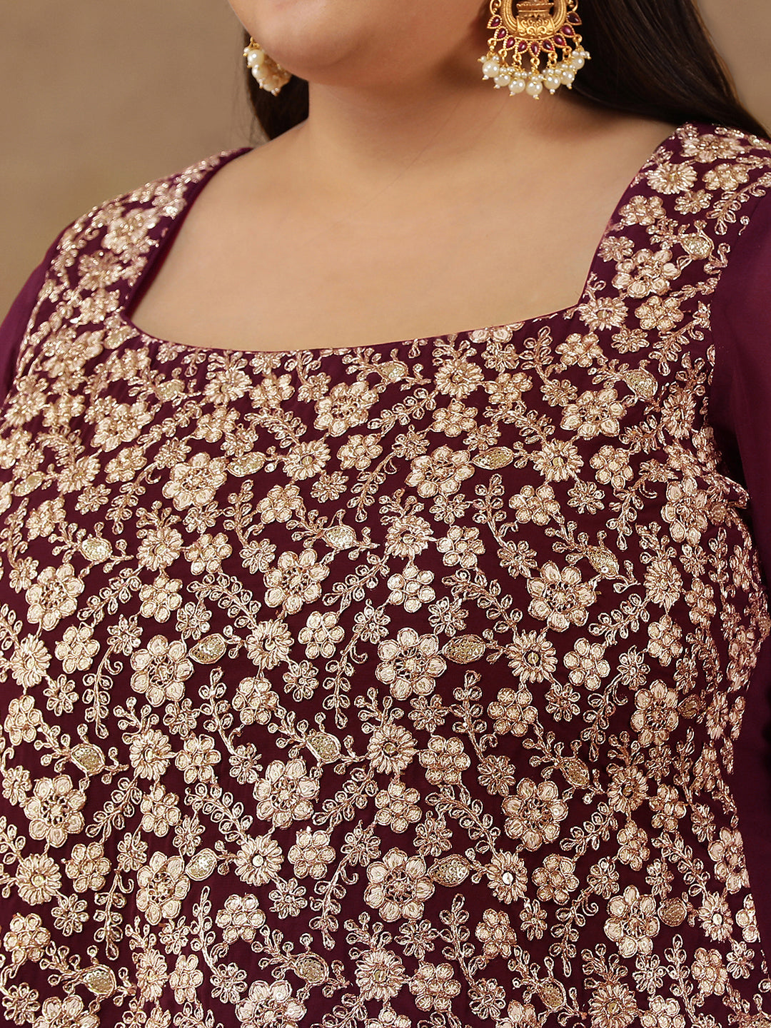 Floral Embroidered Regular Sequinned Straight Kurti with Sharara & Dupatta - ID