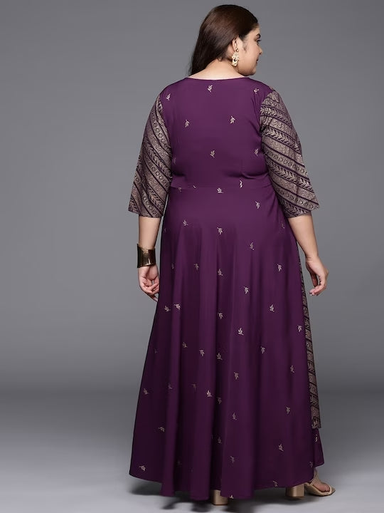 Burgandy & Gold Printed Plus Size Maxi Ethnic Dress