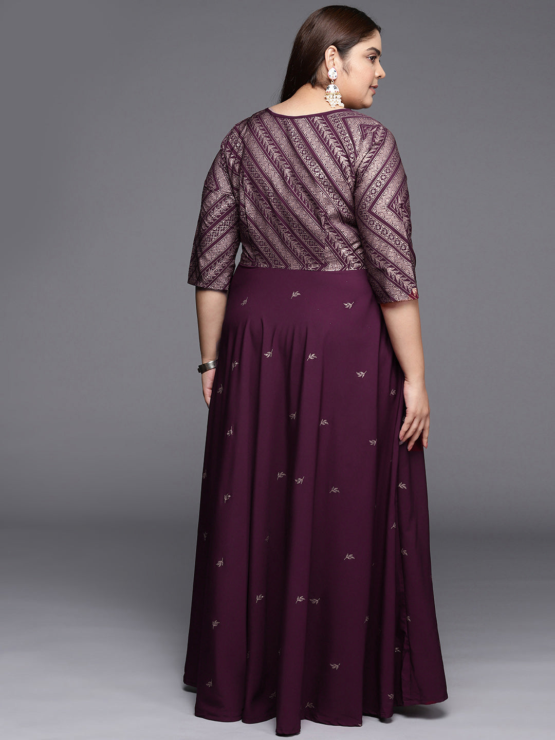 Burgandy & Gold Printed Plus Size Maxi Ethnic Dress