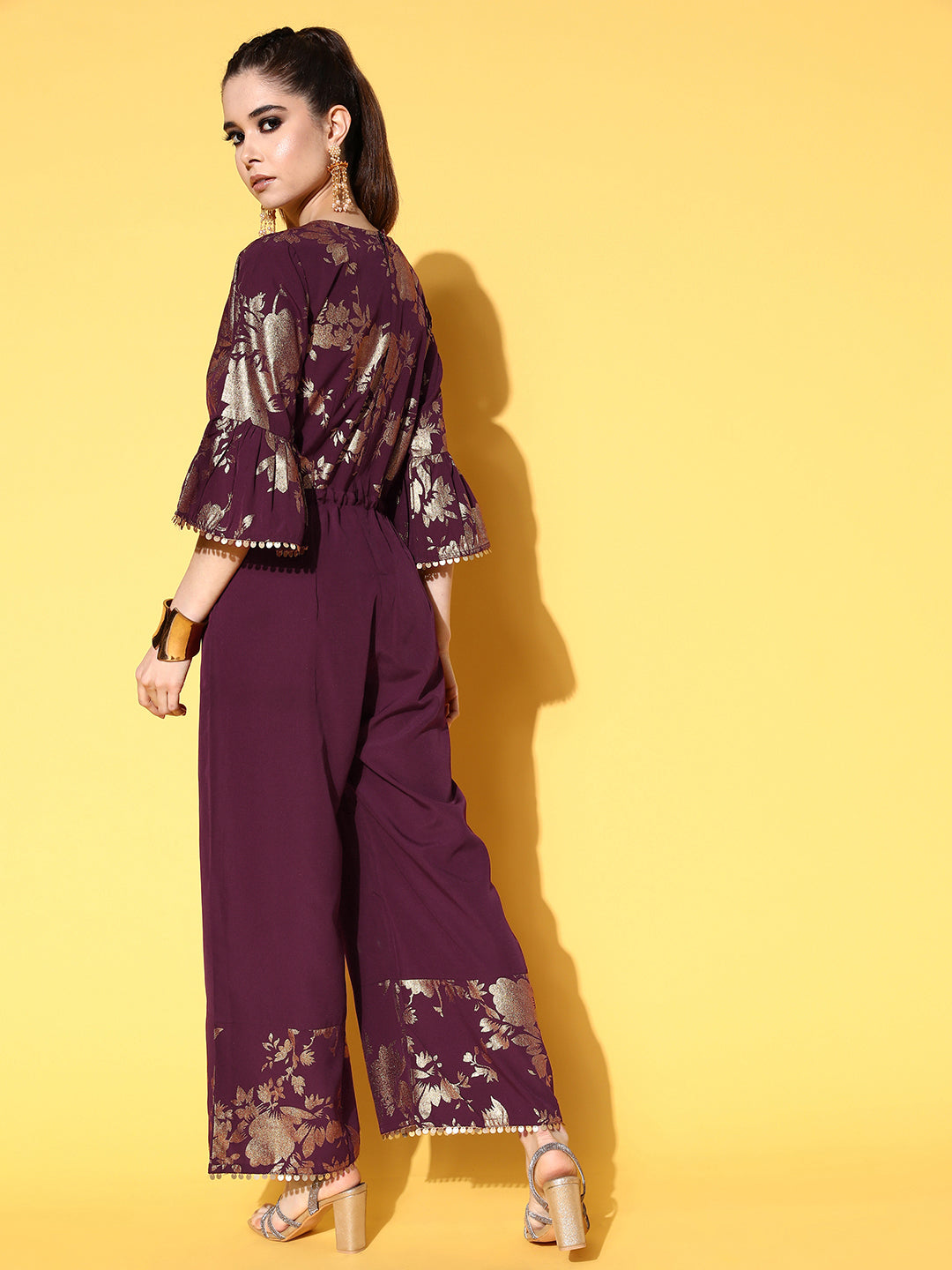 Burgundy & Gold-Toned Printed Ethnic Jumpsuit With Waist Tie-Ups