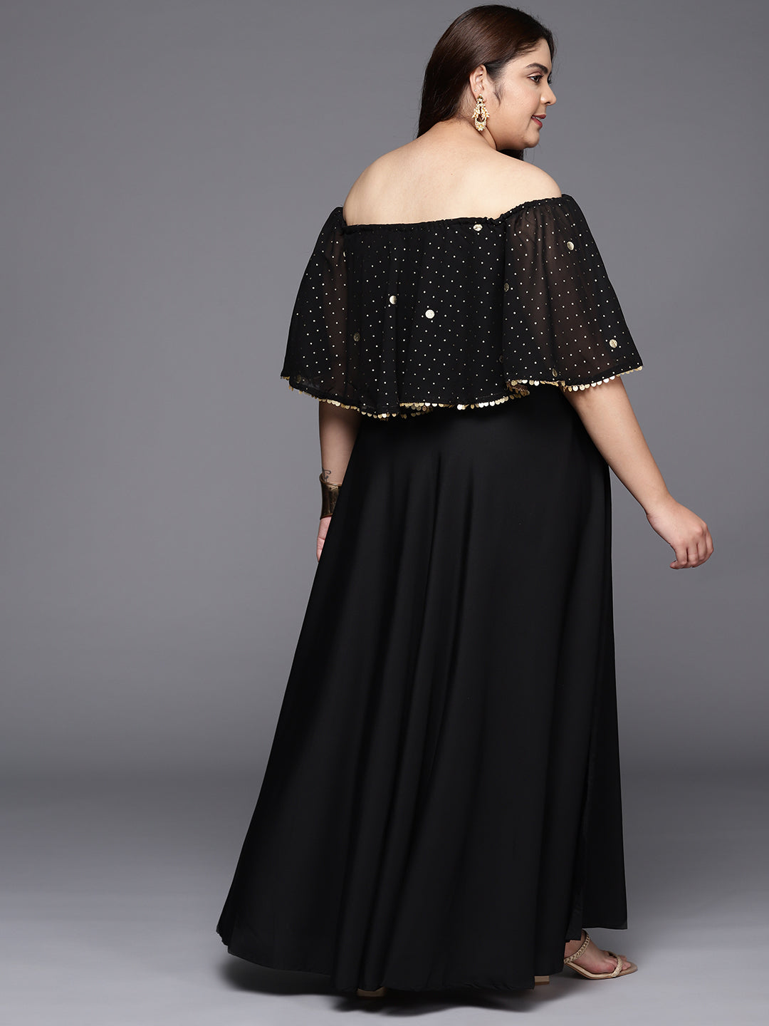 Black & Gold Plus Size Off-Shoulder Maxi Ethnic Dress