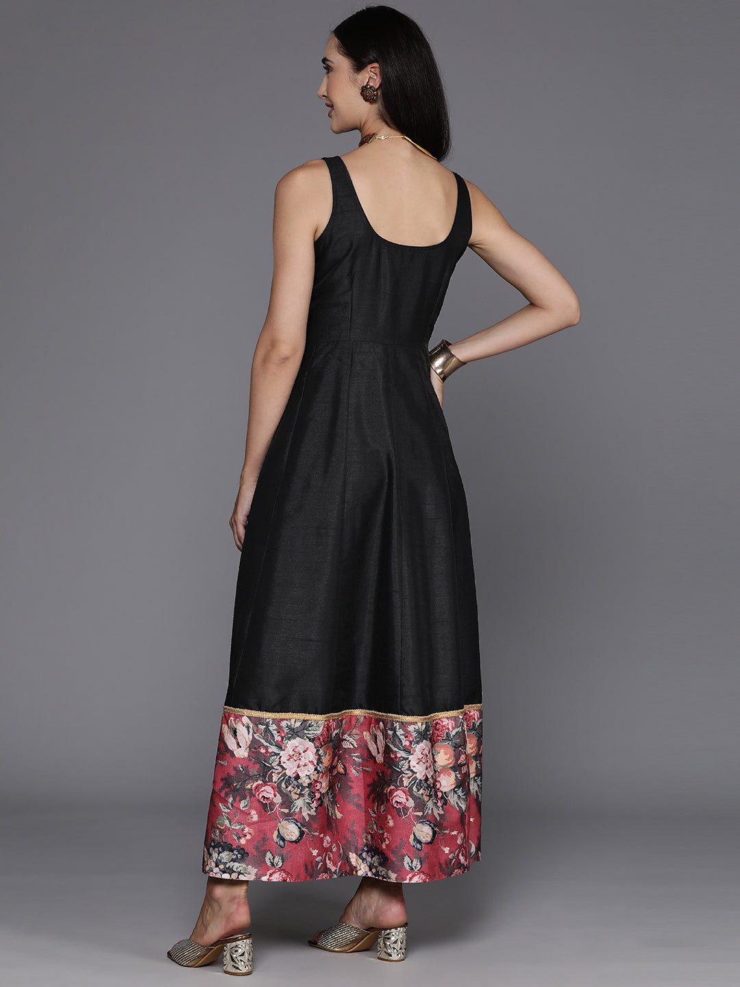 Black Floral Print A-Line Maxi Dress