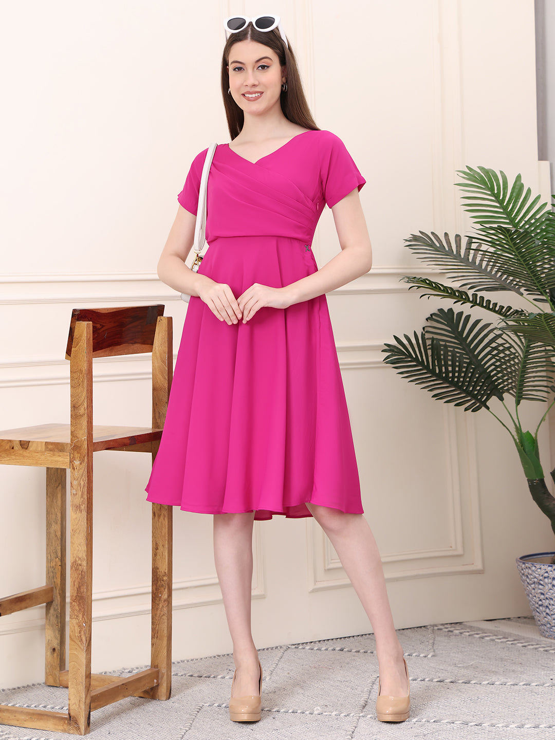 Exude Intrepid V-Neck Front Pleat Dress with Pockets