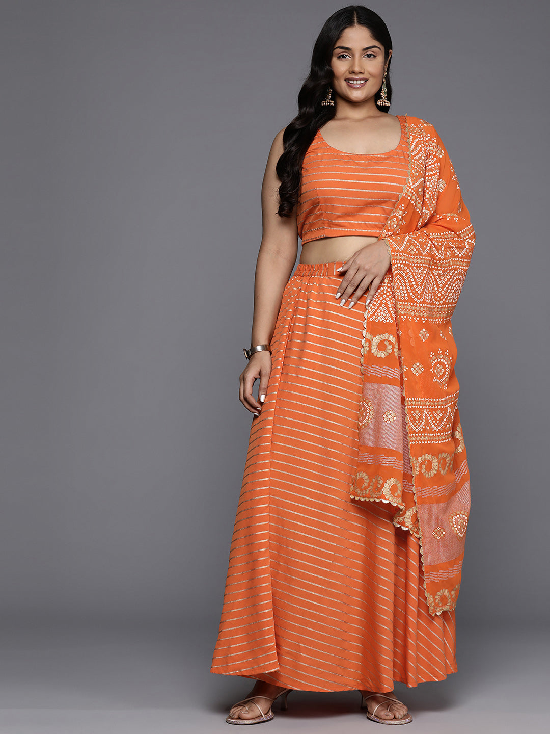 Plus Size Striped Ready to Wear Lehenga & Blouse With Dupatta