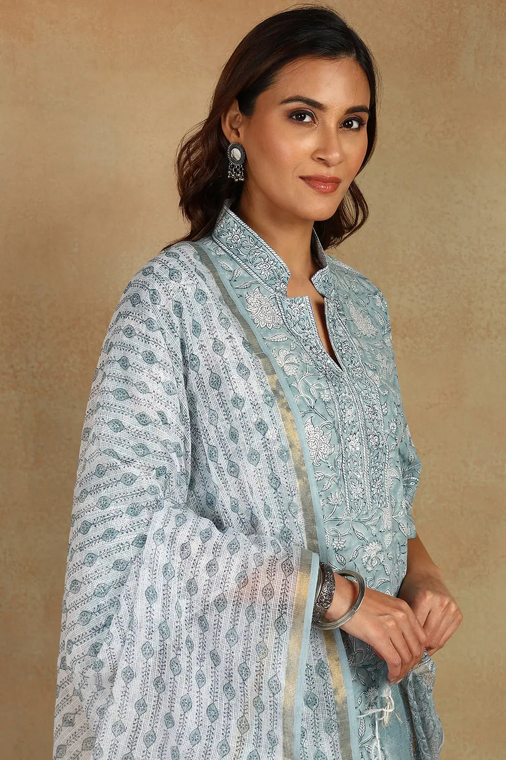 Grey/White Straight Bagru Kurta