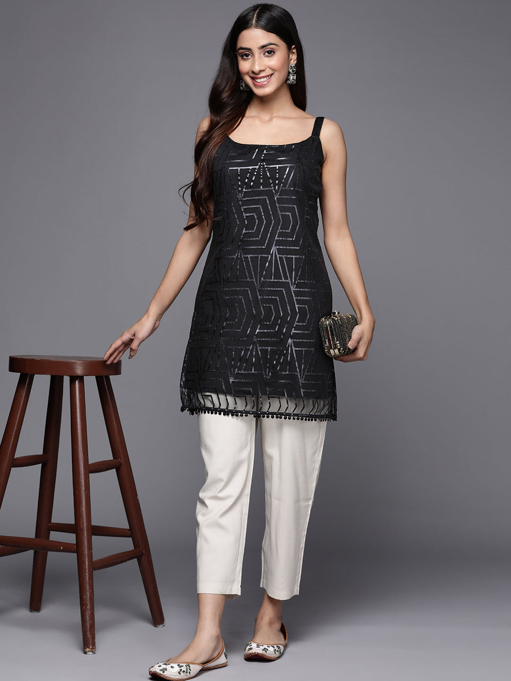 Black Printed Embellished Tunic-AH