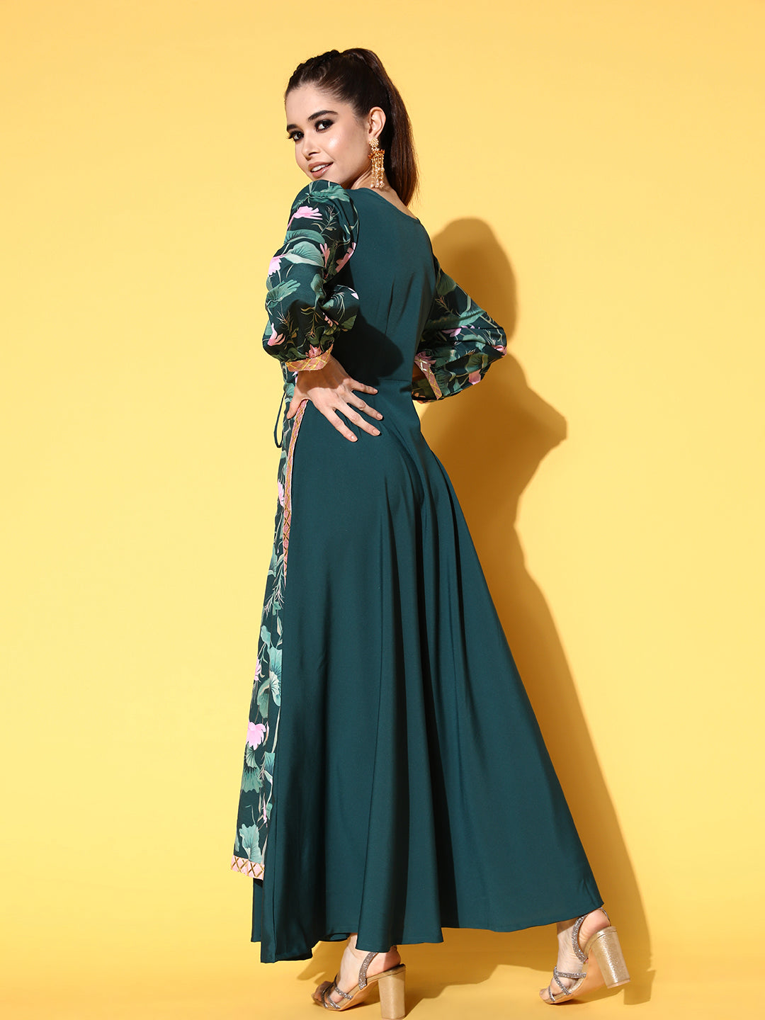 Green Floral Printed Layered Maxi Ethnic Dress with Waist Tie-Ups