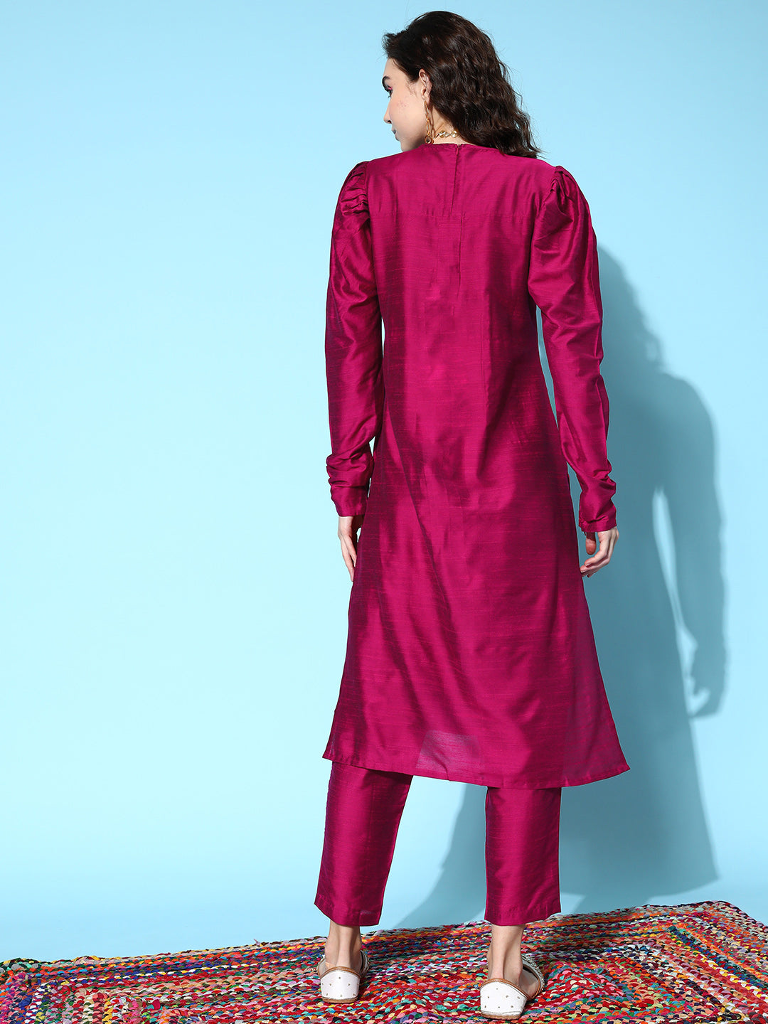 Burgundy Solid Straight Kurta with Trousers