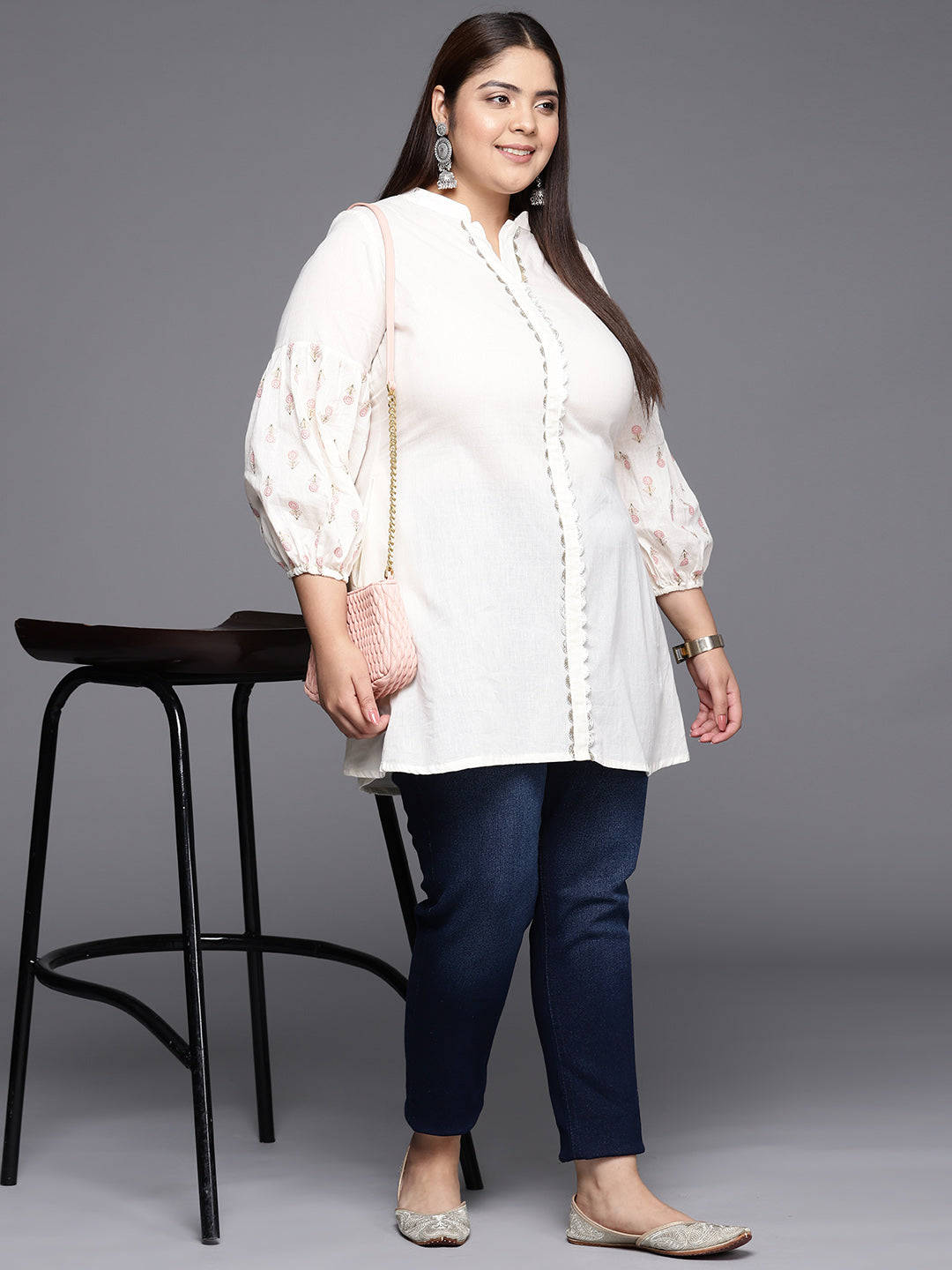 Off White Plus Size Mandarin Collar Printed Pure Cotton Tunic