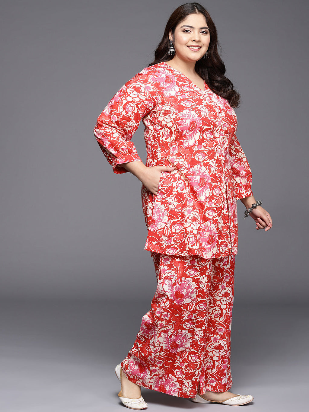 Red & White Printed Plus Size Pure Cotton Tunic with Palazzos-AH