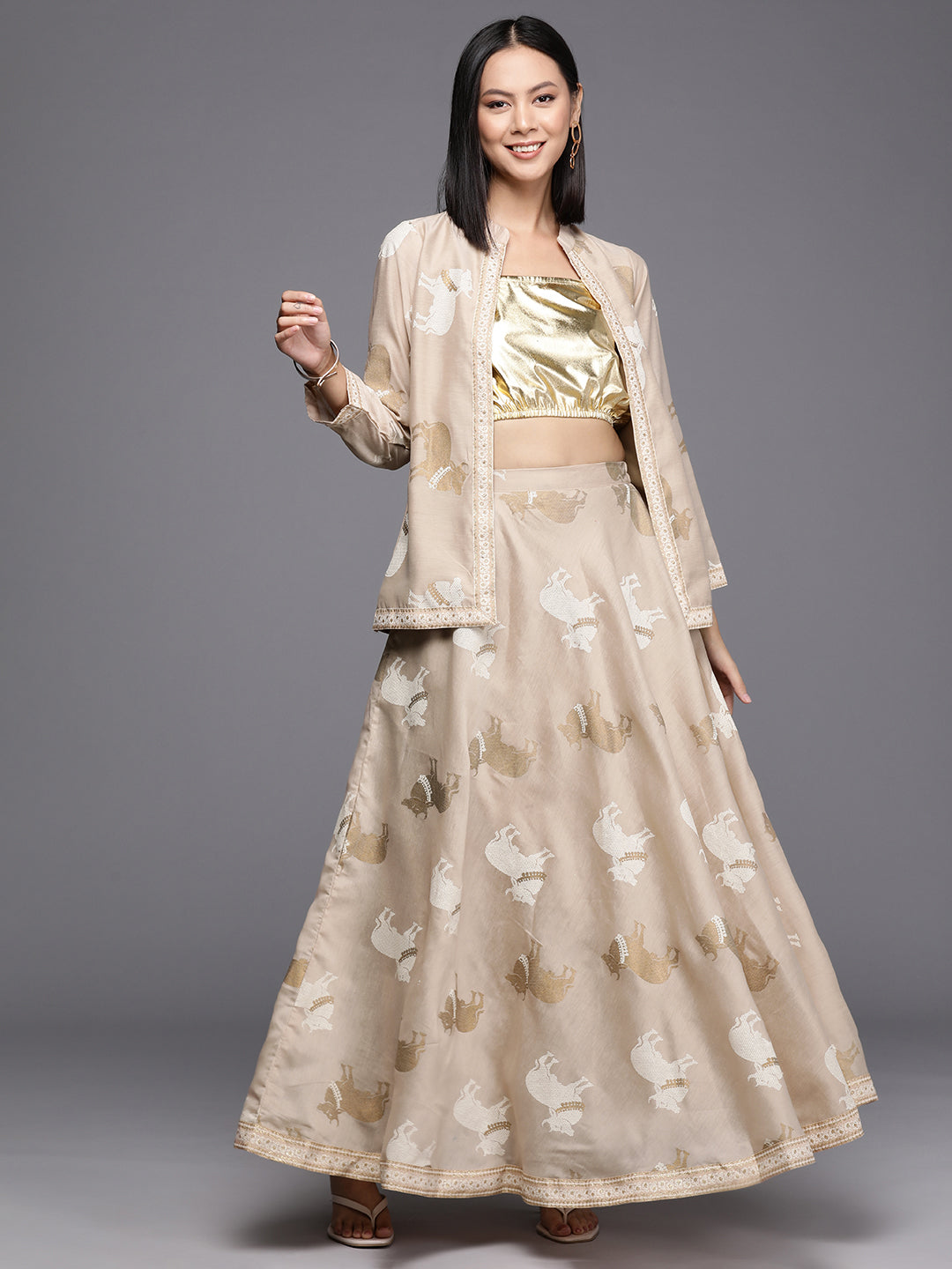 Beige & Gold Tone Printed Crop Top with Skirt and Shrug