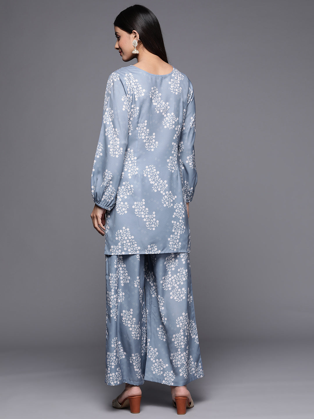 Blue Embroidered Floral Printed Co-ords