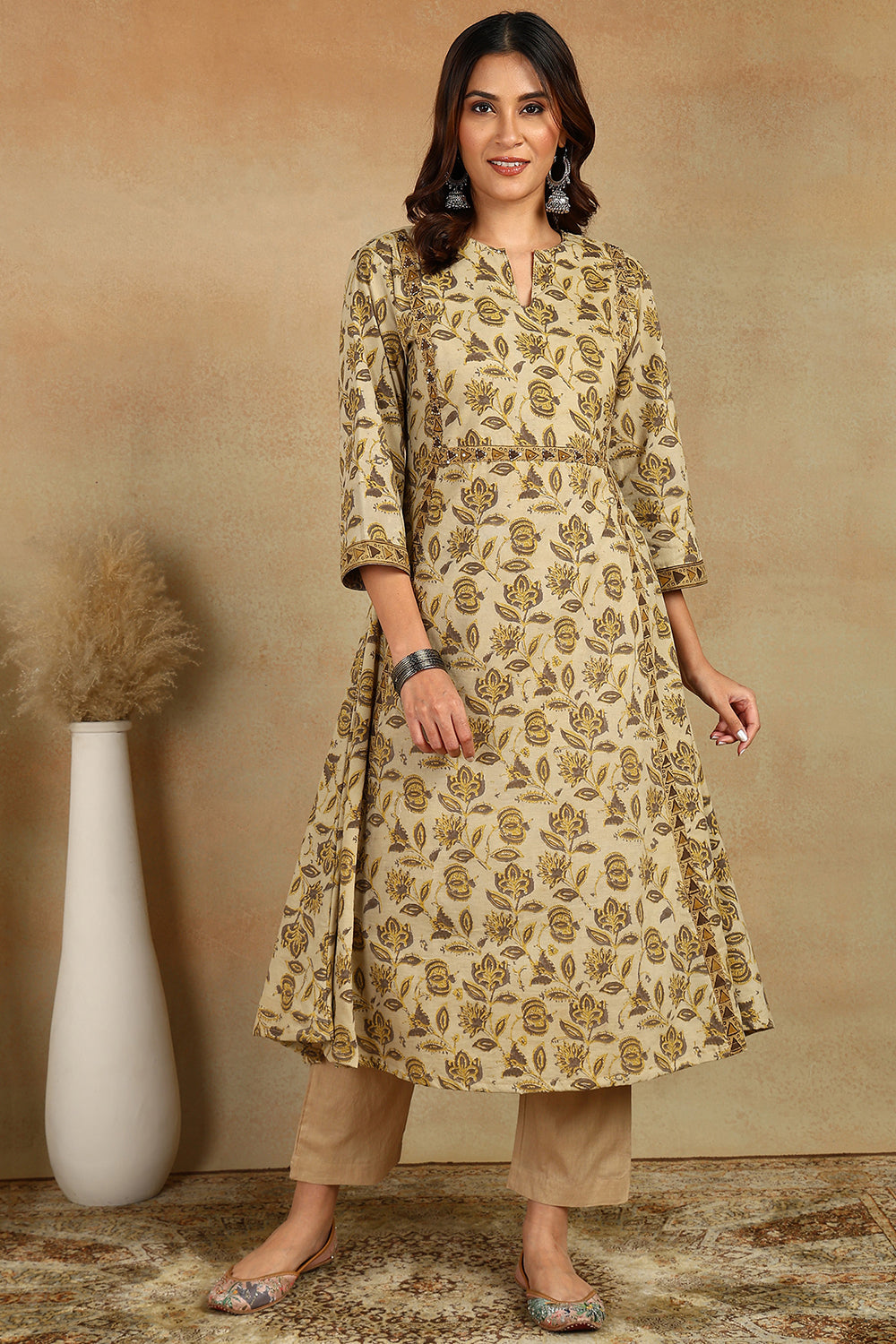 Beige & Brown 'A' Line Bagru Kurta