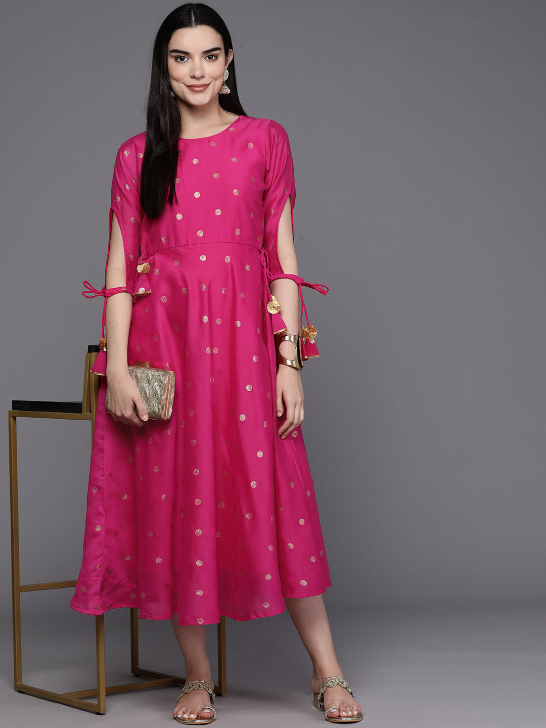 Women Foil Printed A-Line Midi Ethnic Dress