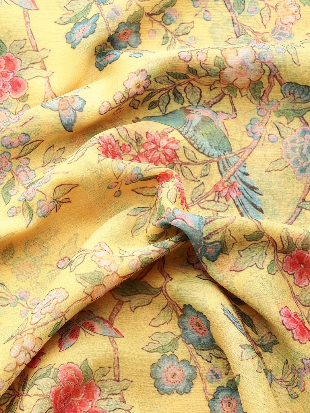 Yellow Floral Print Poly Chiffon Saree