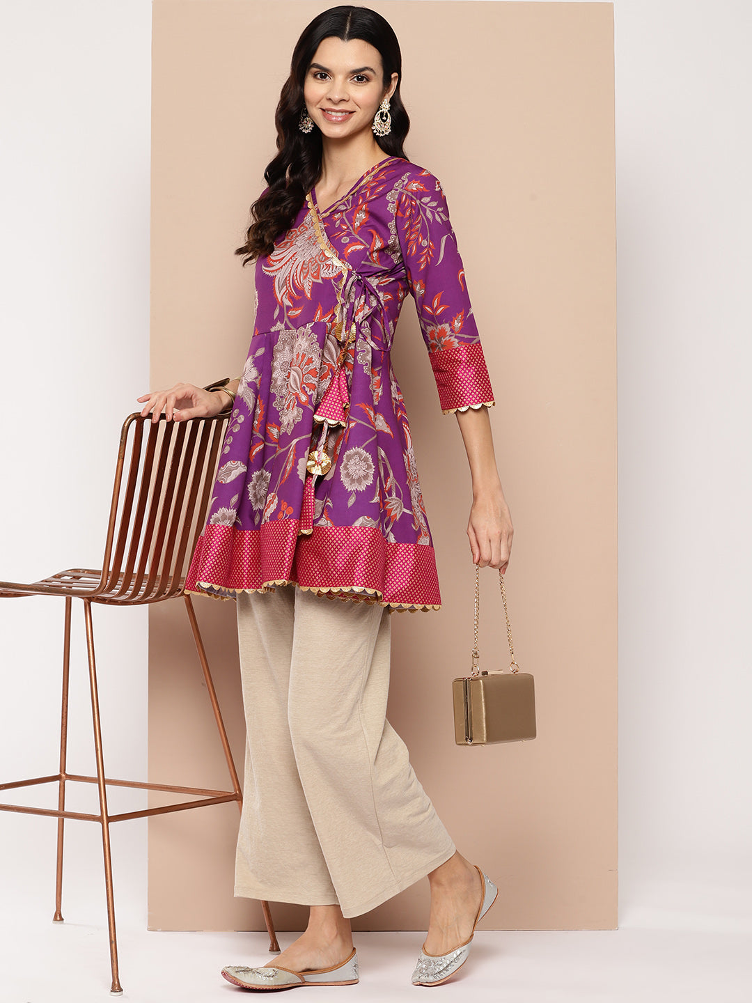 Purple Floral Print Ethnic Tie-Ups Tunic