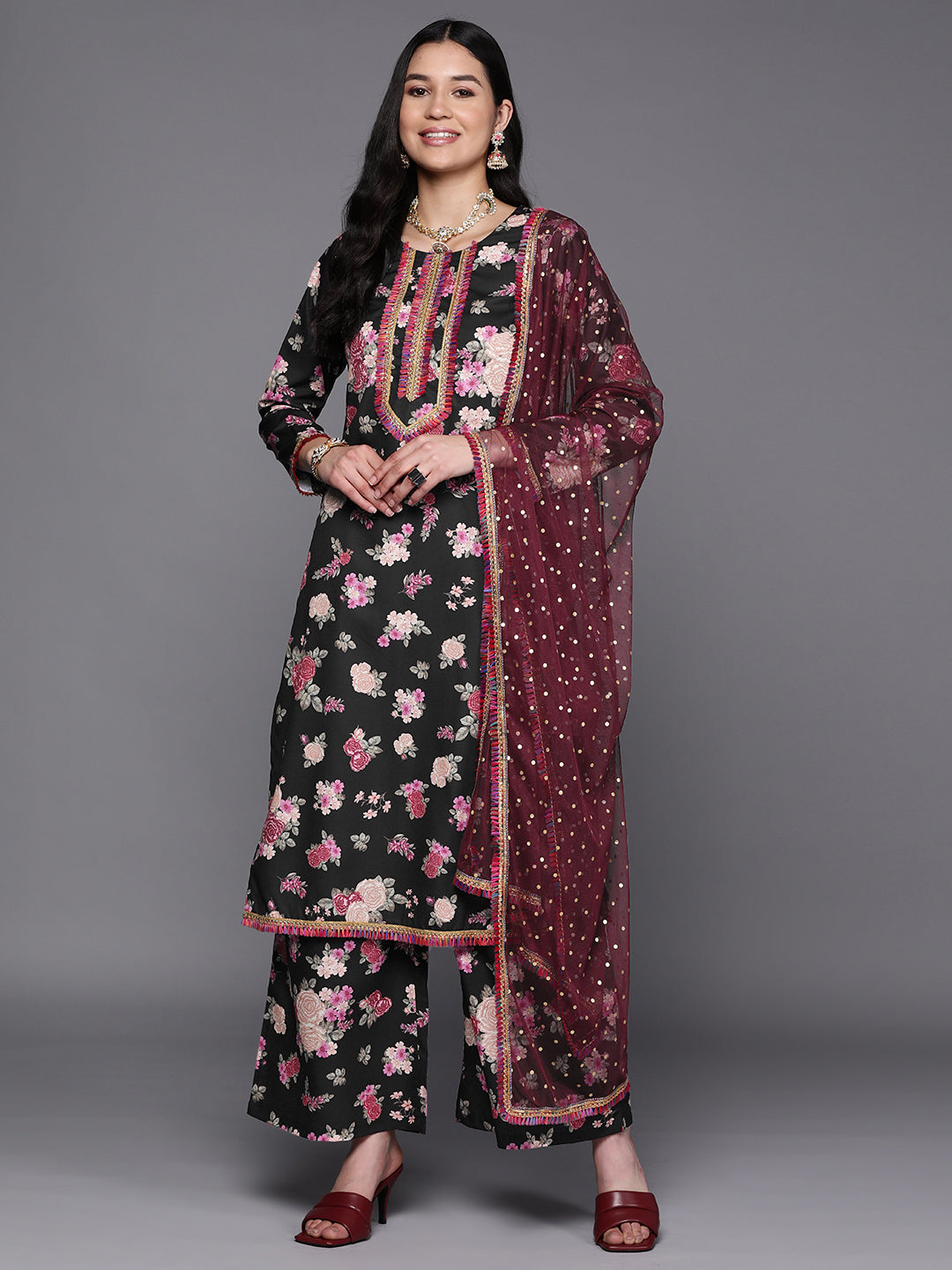 Black Floral Printed Gotta Patti Kurta with Palazzos & With Dupatta