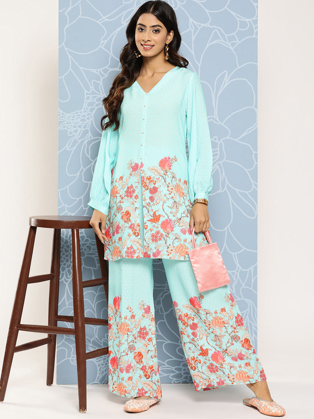 Blue Floral Printed Ethnic Co-Ords