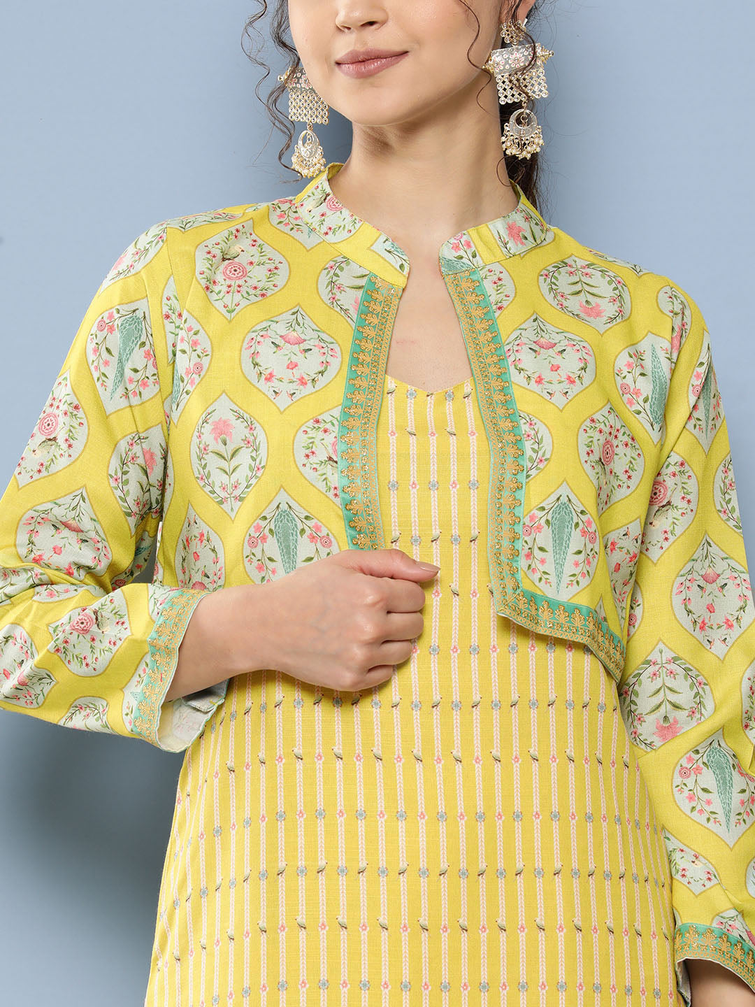 Yellow Floral Printed Pure Cotton Kurta with Trousers & Jacket