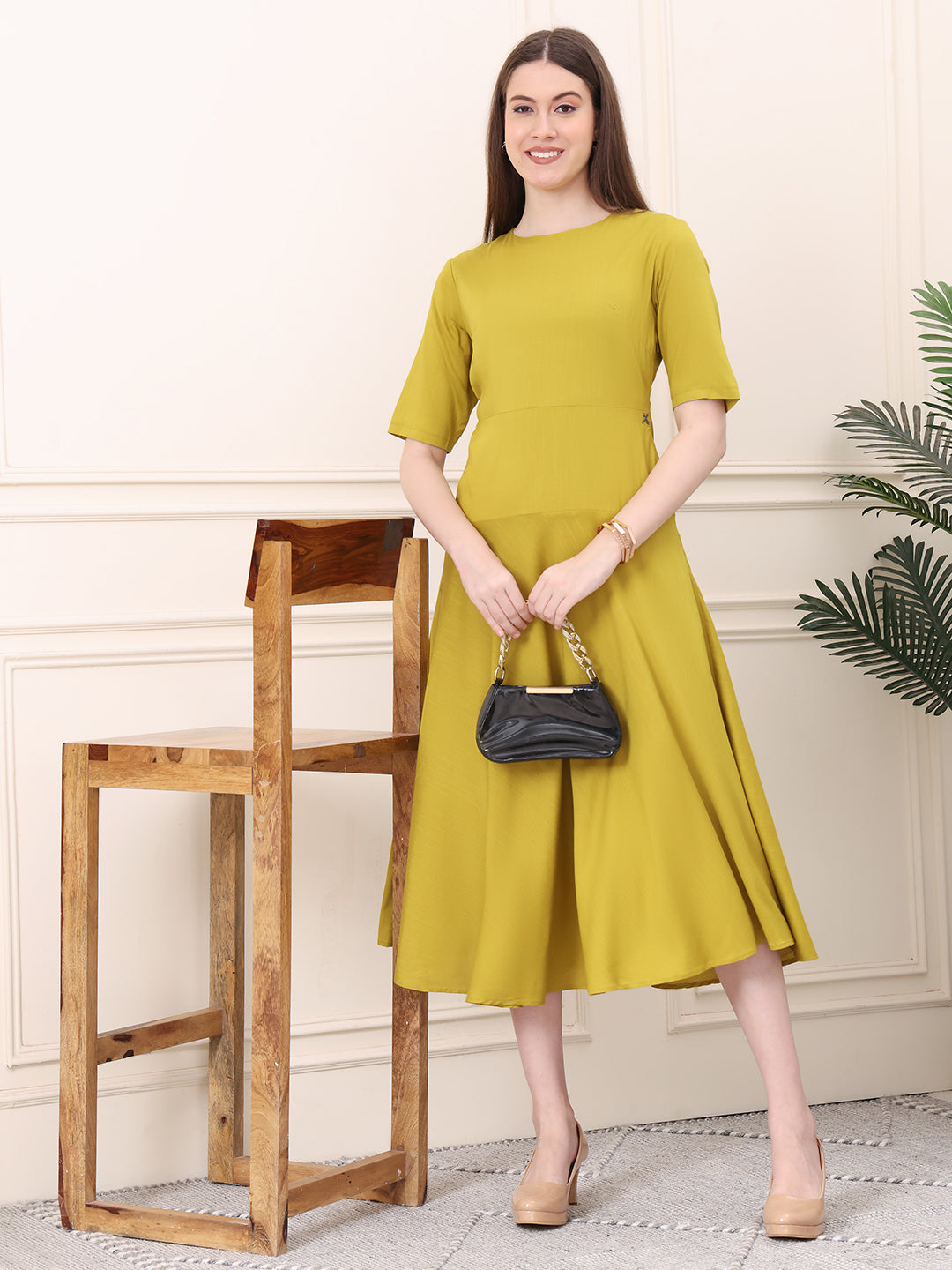 Exude Resilient Radiance Midi Flare Dress with Sleeves