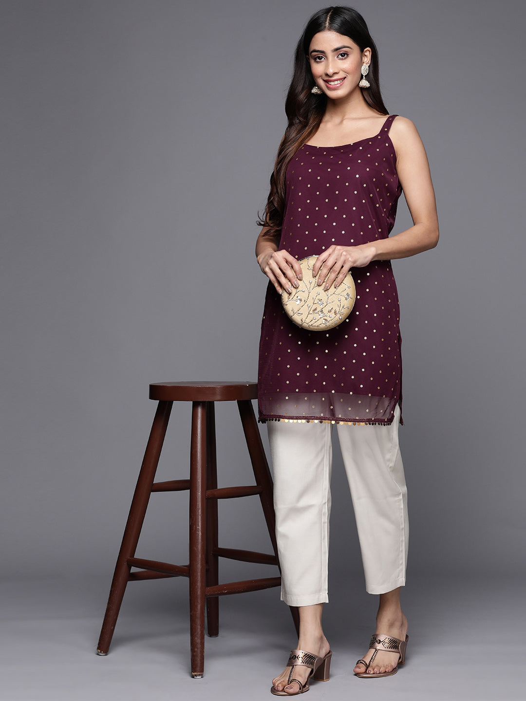 Burgundy Polka Dots Printed Net Tunic With Lace Inserts-AH
