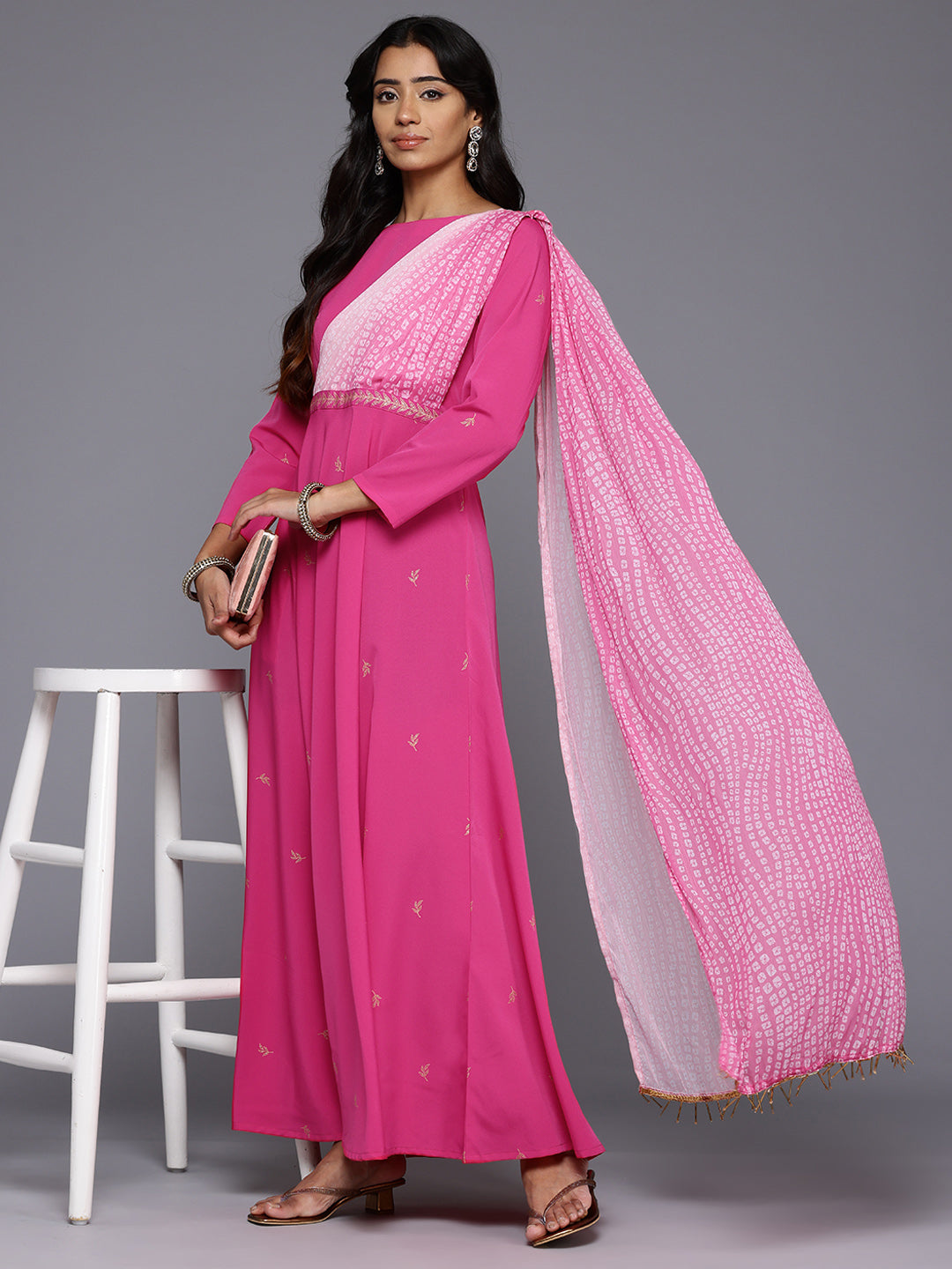 Ethnic Motifs Printed Boat Neck Layered Maxi Gown-AH