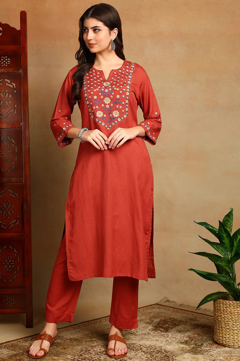 Rust Embroidered Flax Linen Kurta