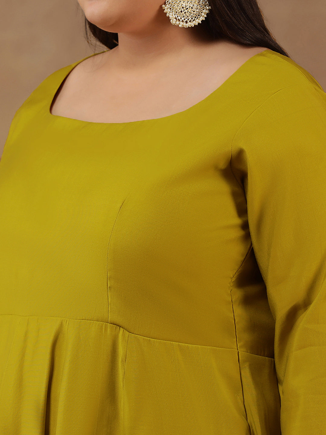 Round Neck Empire Anarkali Kurta With Trousers & Dupatta - ID