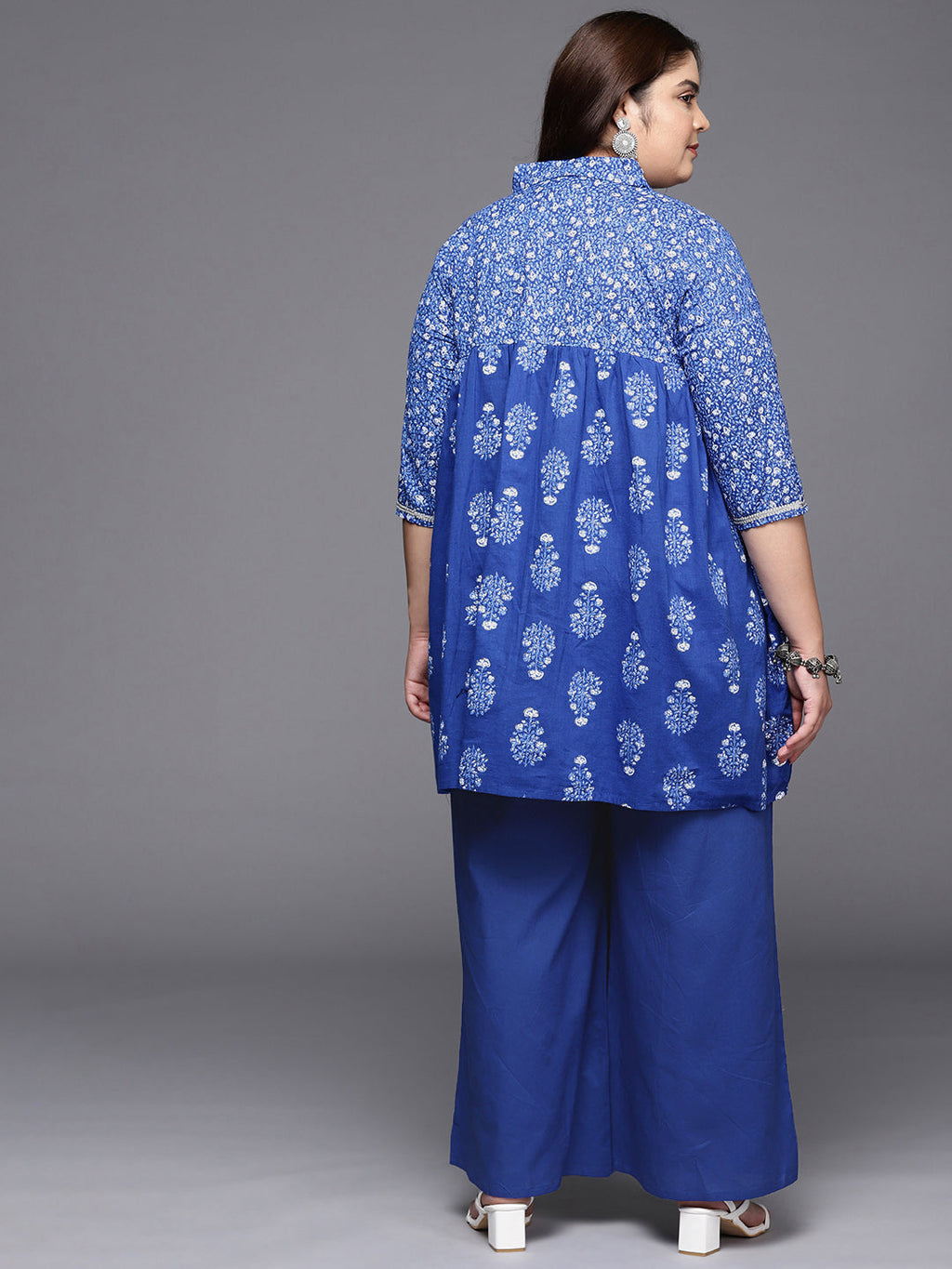 Blue Printed Plus Size Pure Cotton Tunic with Palazzos-AH